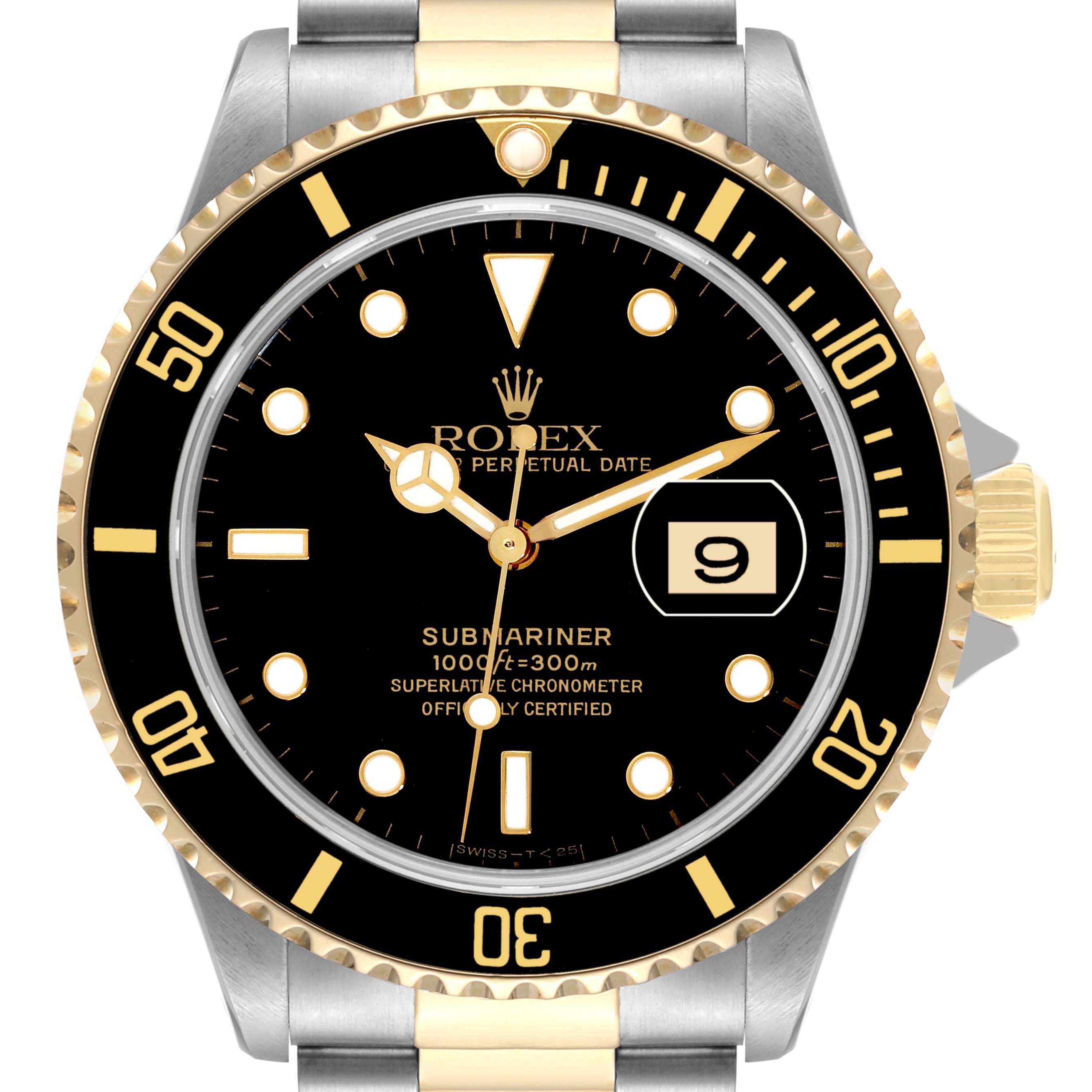 The image shows a frontal view of a Rolex Submariner 16613 Men
s Steel and Gold (two tone) Black Dial 16613 Men
s Steel and Gold (two tone) Black Dial watch, highlighting its bezel, dial, and date window.