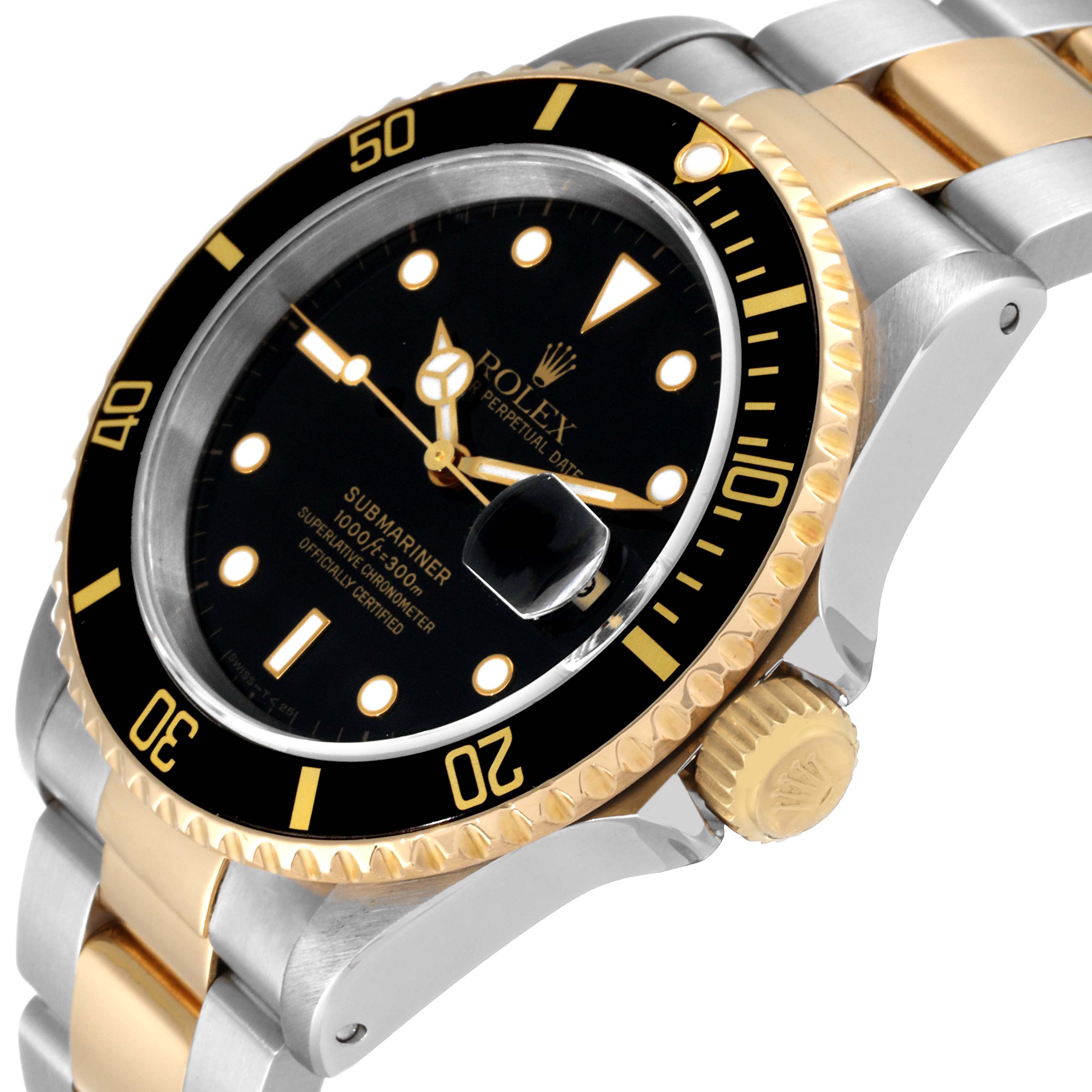 This image shows the face, bezel, crown, and part of the bracelet of the Rolex Submariner 16613 Men
s Steel and Gold (two tone) Black Dial 16613 Men
s Steel and Gold (two tone) Black Dial watch at an angled view.