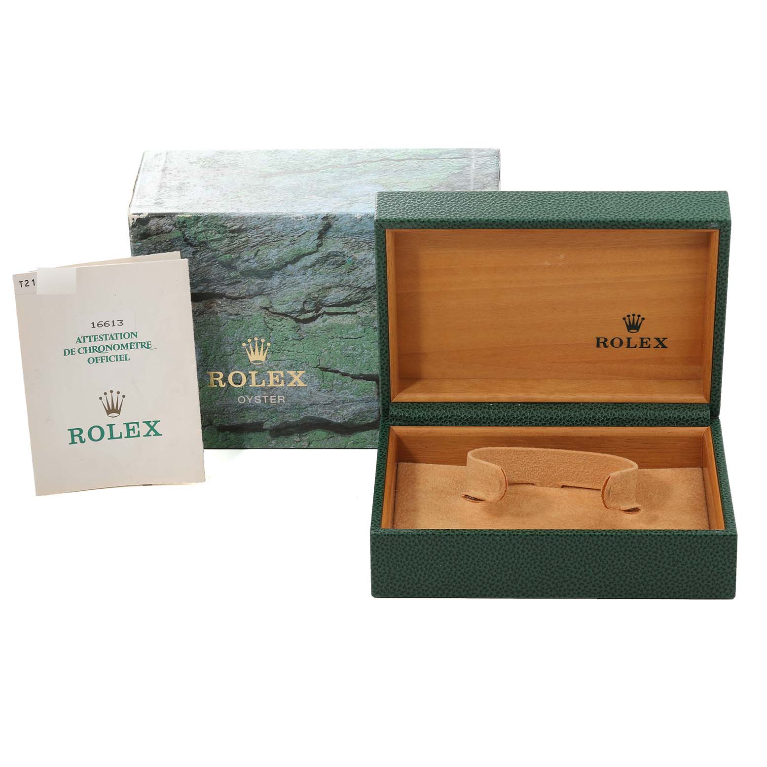 The image shows a Rolex Submariner 16613 Men
s Steel and Gold (two tone) Black Dial 16613 Men
s Steel and Gold (two tone) Black Dial watch box, instruction manual, and outer packaging from a front angle.