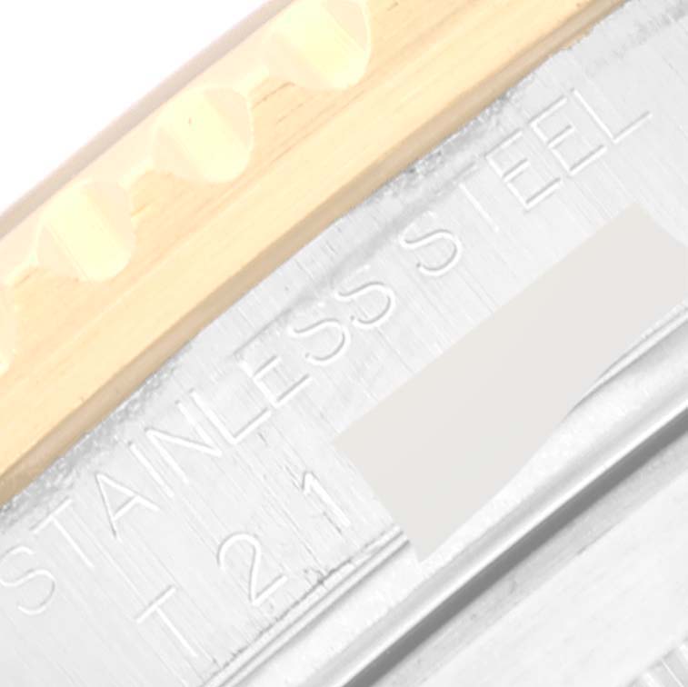 This close-up shows the stainless steel case and part of the bezel of the Rolex Submariner 16613 Men
s Steel and Gold (two tone) Black Dial 16613 Men
s Steel and Gold (two tone) Black Dial watch.