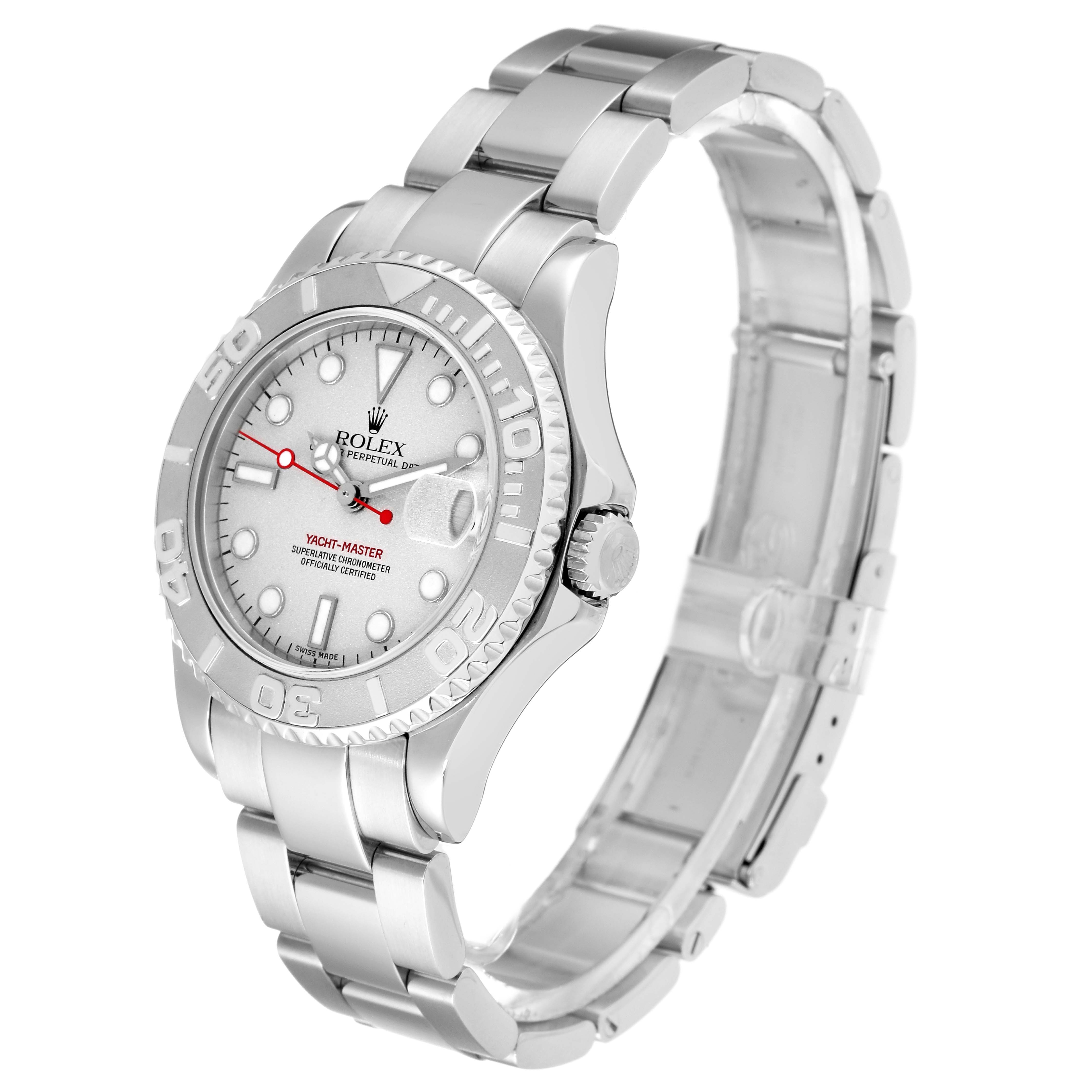 The image shows the Rolex Yacht-Master 168622 Men's Stainless Steel Silver Dial 168622 Men's Stainless Steel Silver Dial watch from an angled side view, highlighting the bracelet, dial, and bezel.