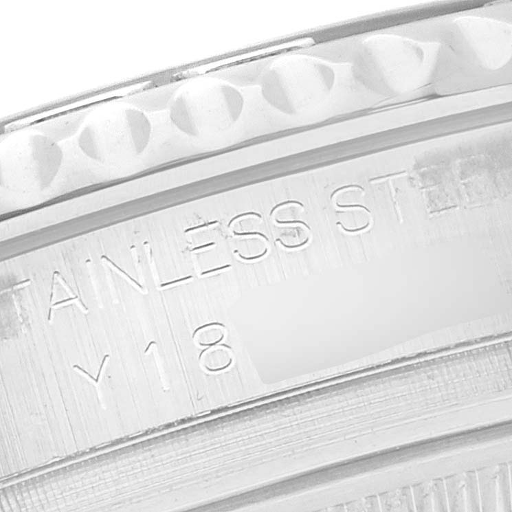 The image shows a close-up of the stainless steel bezel and engraved serial number of a Rolex Yacht-Master 168622 Men's Stainless Steel Silver Dial 168622 Men's Stainless Steel Silver Dial watch.