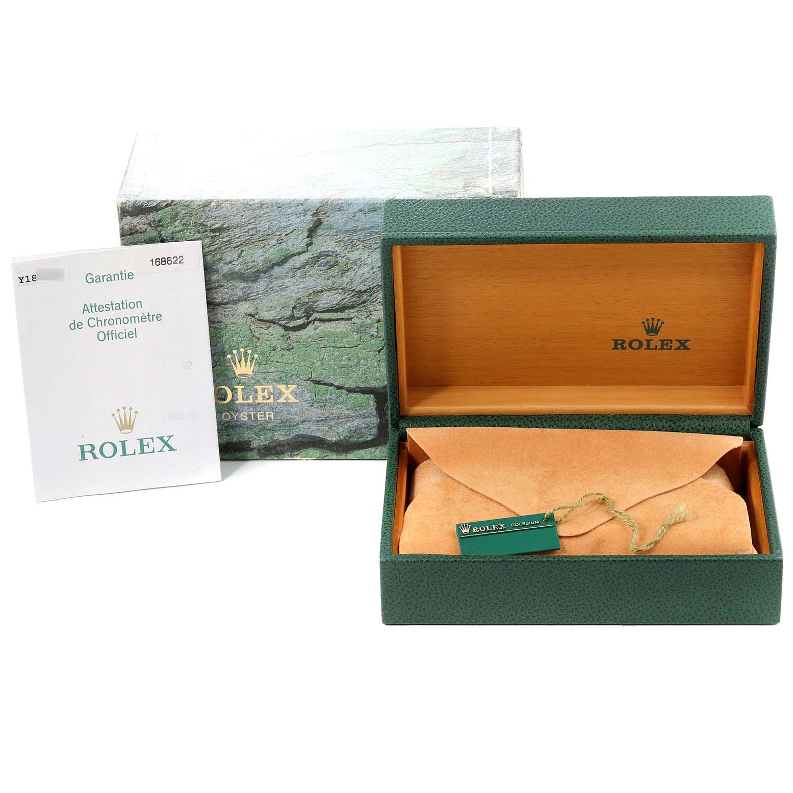 An open Rolex Yacht-Master 168622 Men's Stainless Steel Silver Dial 168622 Men's Stainless Steel Silver Dial watch box with the watch pouch, tag, and warranty card is displayed from a front angle.