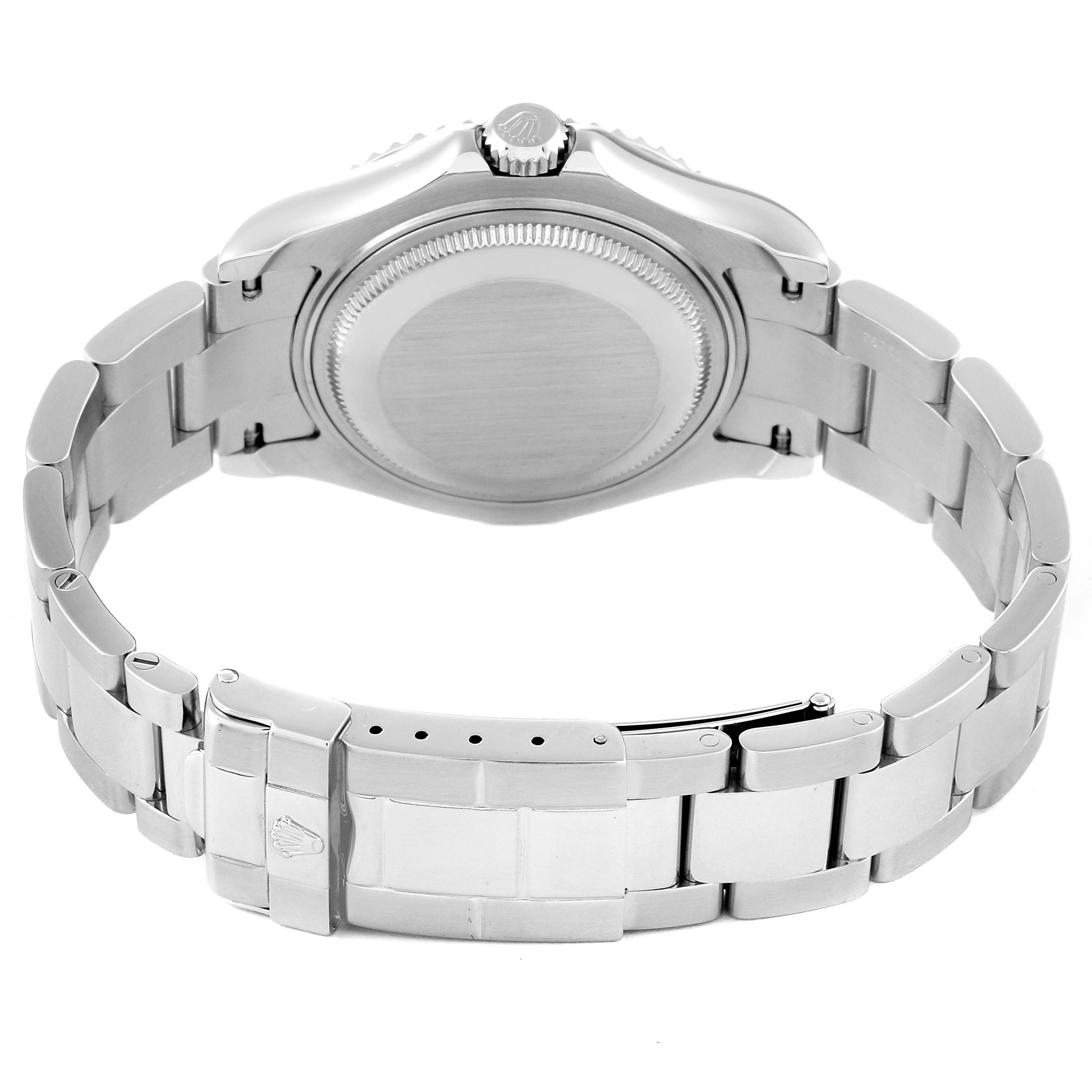 The image shows the back view of a Rolex Yacht-Master 168622 Men's Stainless Steel Silver Dial 168622 Men's Stainless Steel Silver Dial watch, including the case back, crown, and bracelet clasp.