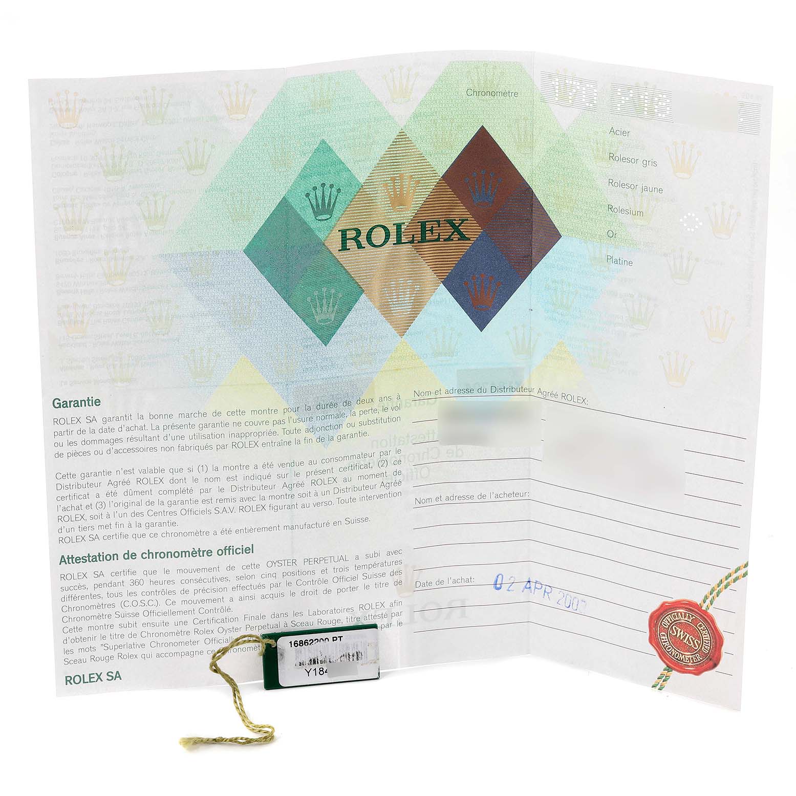 The image shows the warranty and certification paper, including a string tag, for a Rolex Yacht-Master 168622 Men's Stainless Steel Silver Dial 168622 Men's Stainless Steel Silver Dial watch.