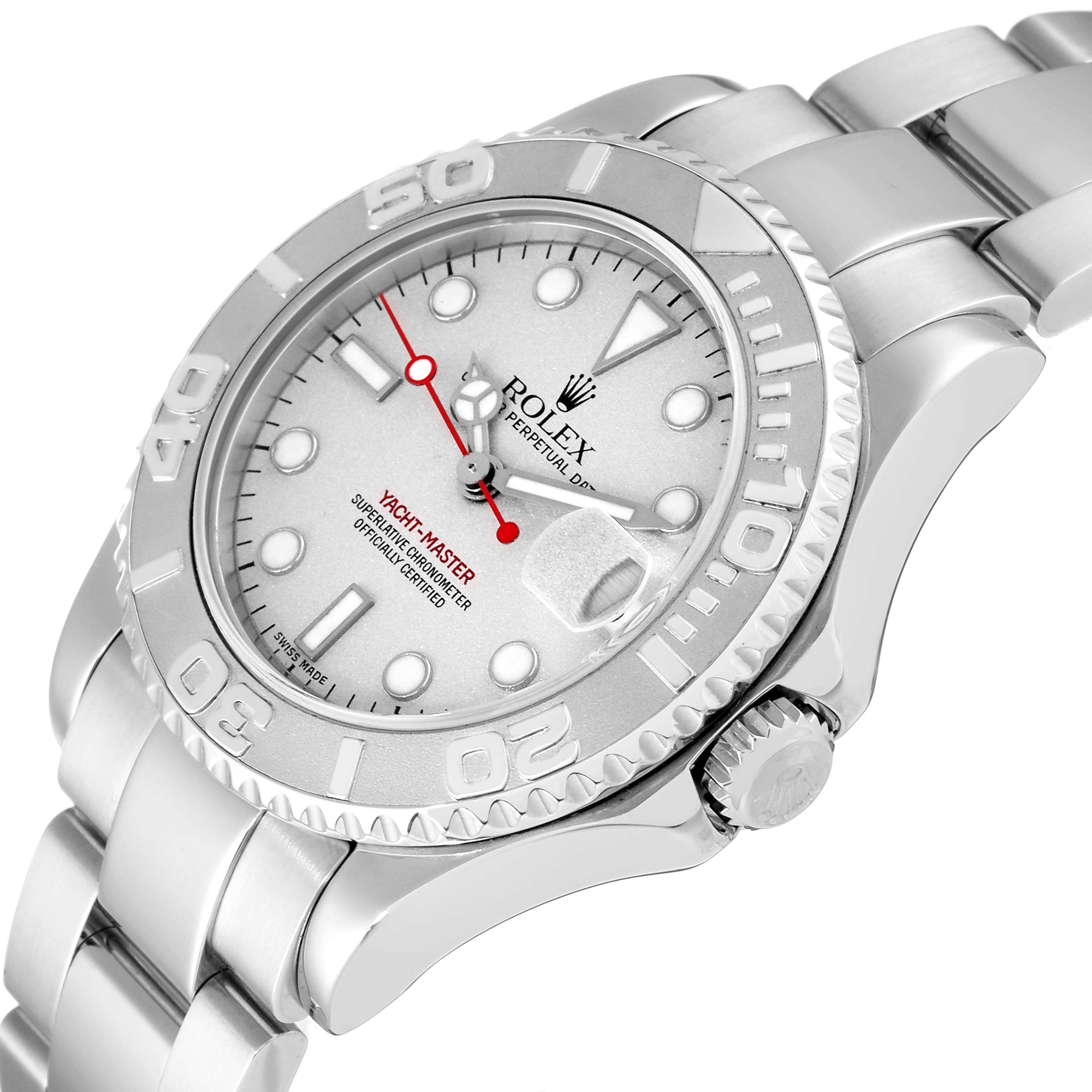 This image shows a close-up angle of a Rolex Yacht-Master 168622 Men's Stainless Steel Silver Dial 168622 Men's Stainless Steel Silver Dial watch, showcasing the dial, bezel, crown, and part of the bracelet.