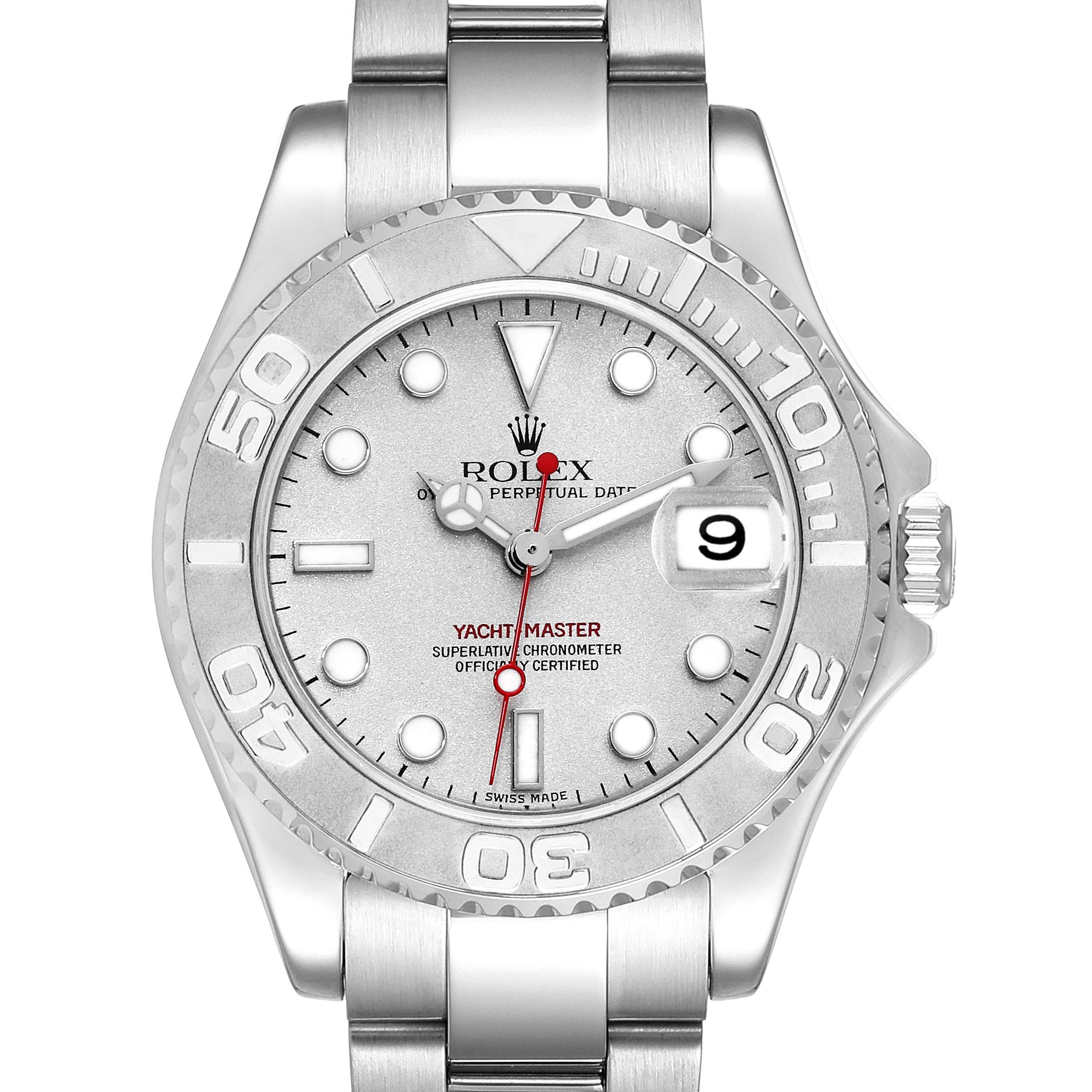 This image shows a frontal view of a Rolex Yacht-Master 168622 Men's Stainless Steel Silver Dial 168622 Men's Stainless Steel Silver Dial watch, displaying the dial, bezel, crown, and part of the bracelet.