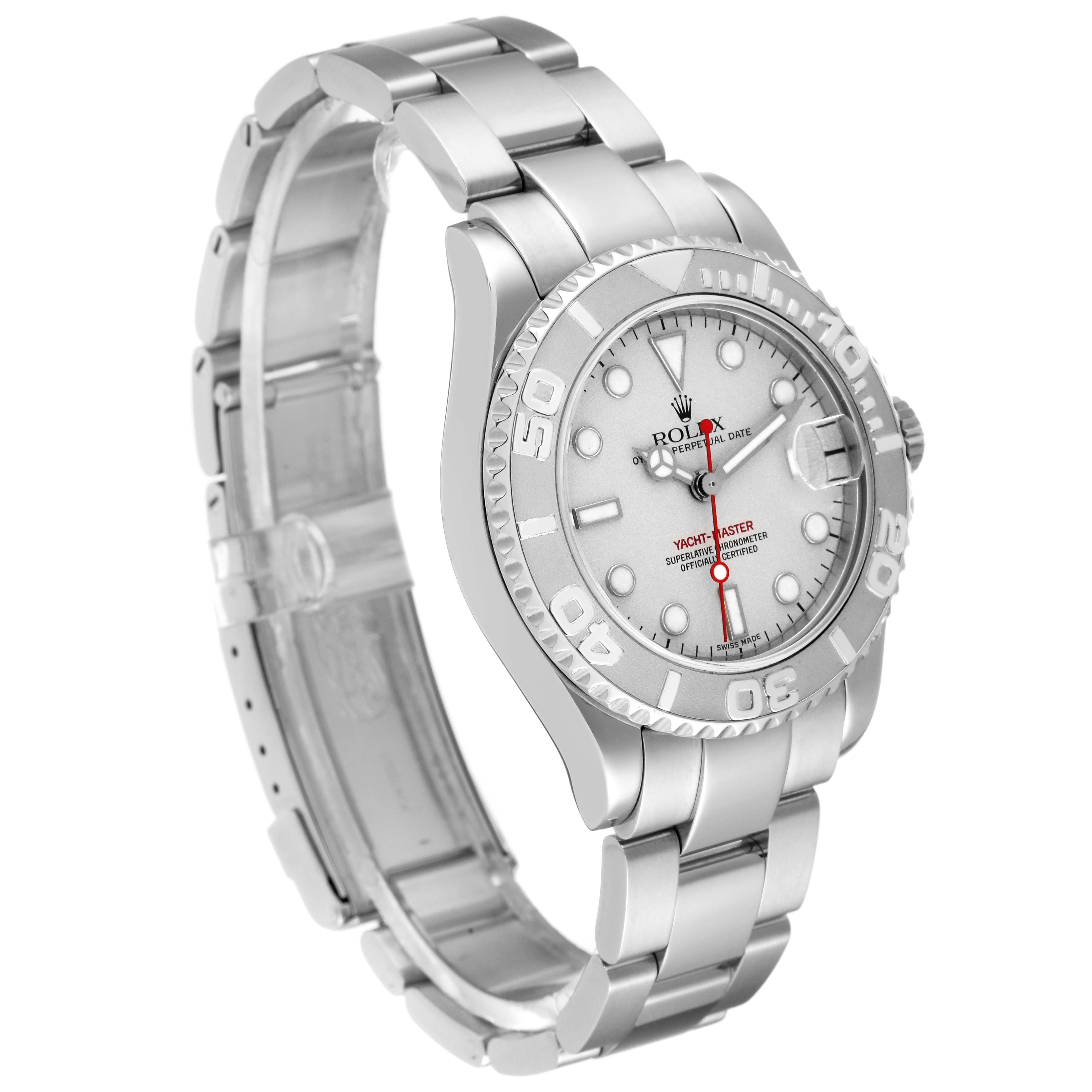The Rolex Yacht-Master 168622 Men's Stainless Steel Silver Dial 168622 Men's Stainless Steel Silver Dial watch is shown at a three-quarter angle, displaying the face, bezel, and part of the bracelet.