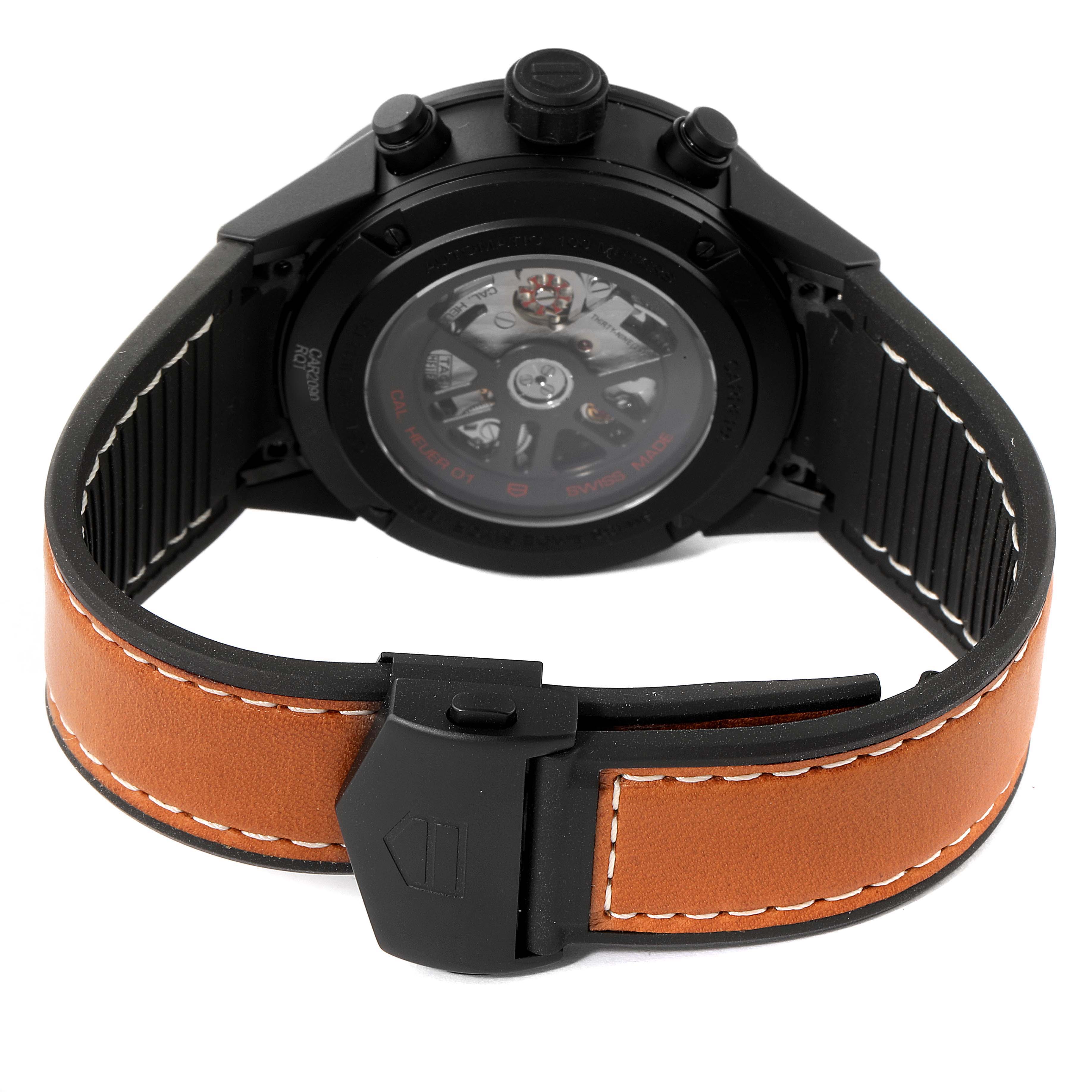 This image shows the back view of the Carrera model by Tag Heuer, highlighting its transparent case back and leather strap.