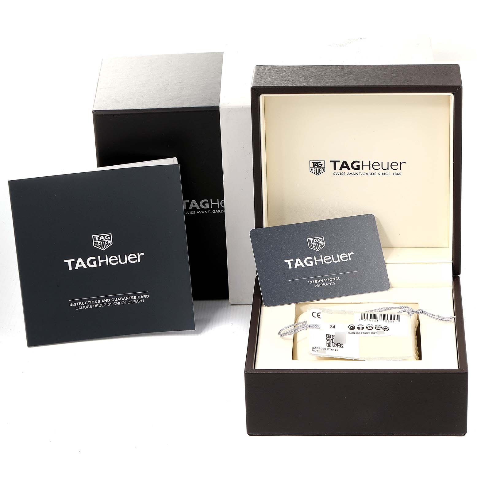 The image shows a Tag Heuer Carrera CAR2090.BH0729 Men's Ceramic Black Dial CAR2090.BH0729 Men's Ceramic Black Dial watch box, an instruction manual, and an international warranty card.