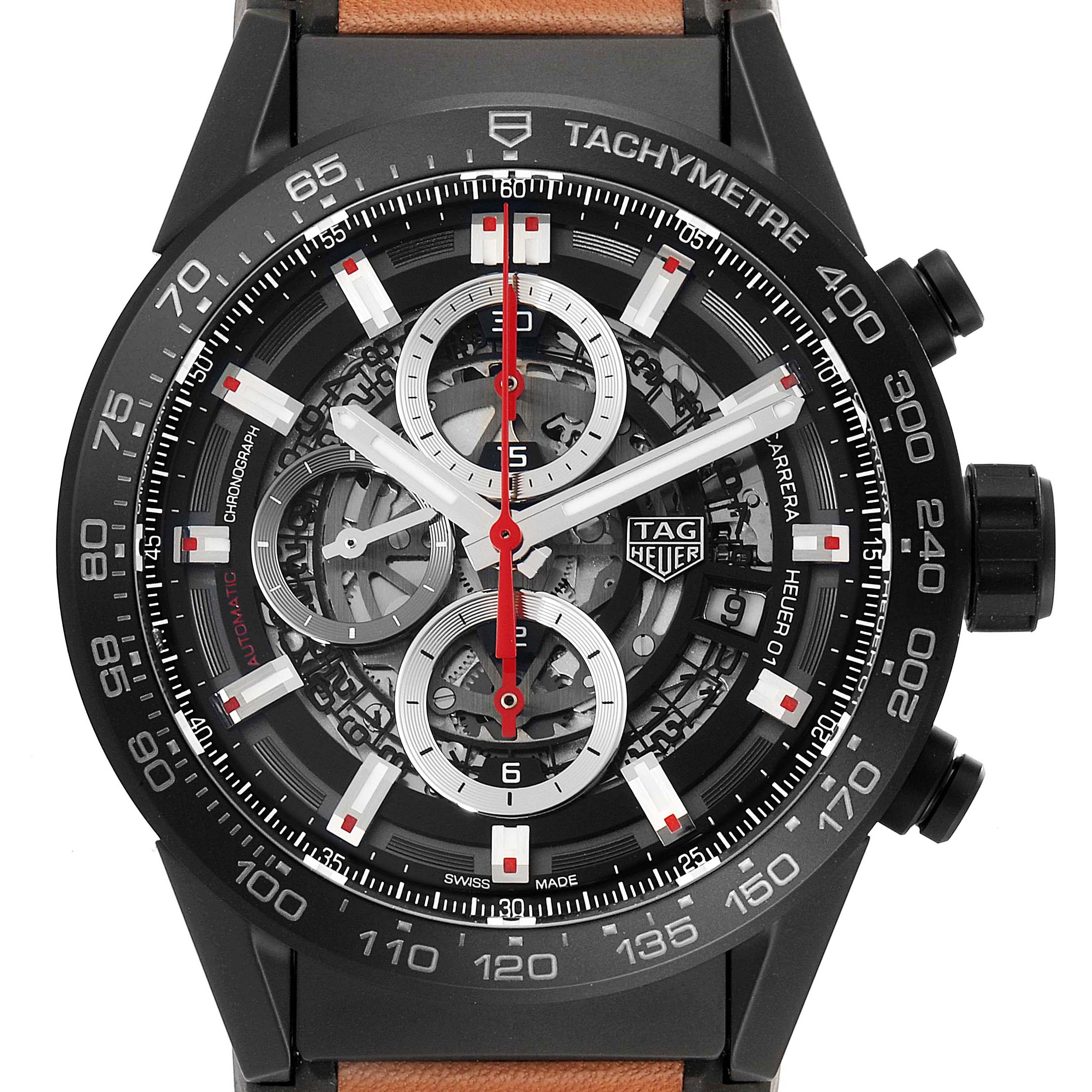This image shows a front view of the Tag Heuer Carrera CAR2090.BH0729 Men's Ceramic Black Dial CAR2090.BH0729 Men's Ceramic Black Dial watch, displaying its dial, hands, tachymeter, and chronograph functions.