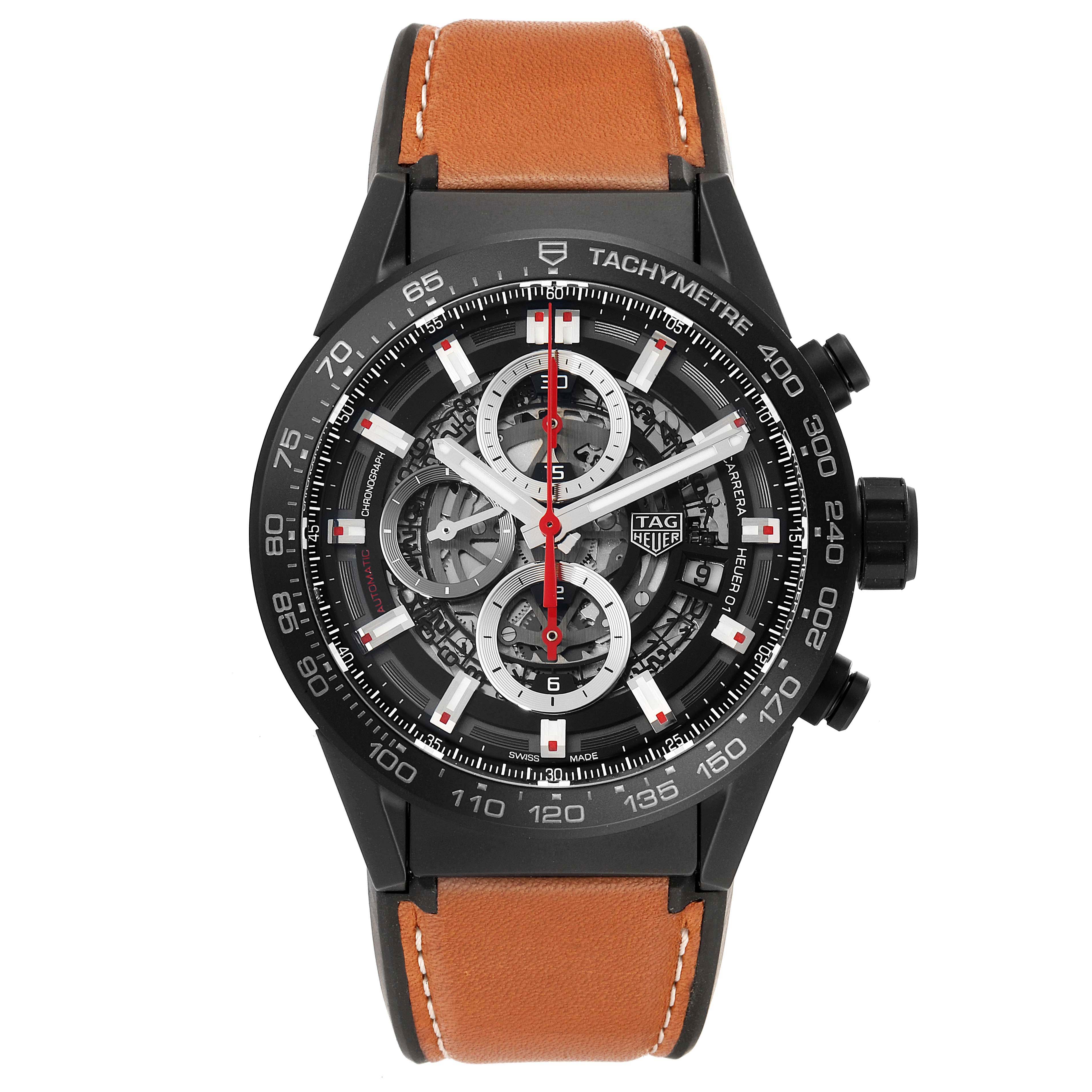 This image shows a Tag Heuer Carrera CAR2090.BH0729 Men's Ceramic Black Dial CAR2090.BH0729 Men's Ceramic Black Dial watch from the front, highlighting its dial, tachymeter bezel, and brown leather strap.