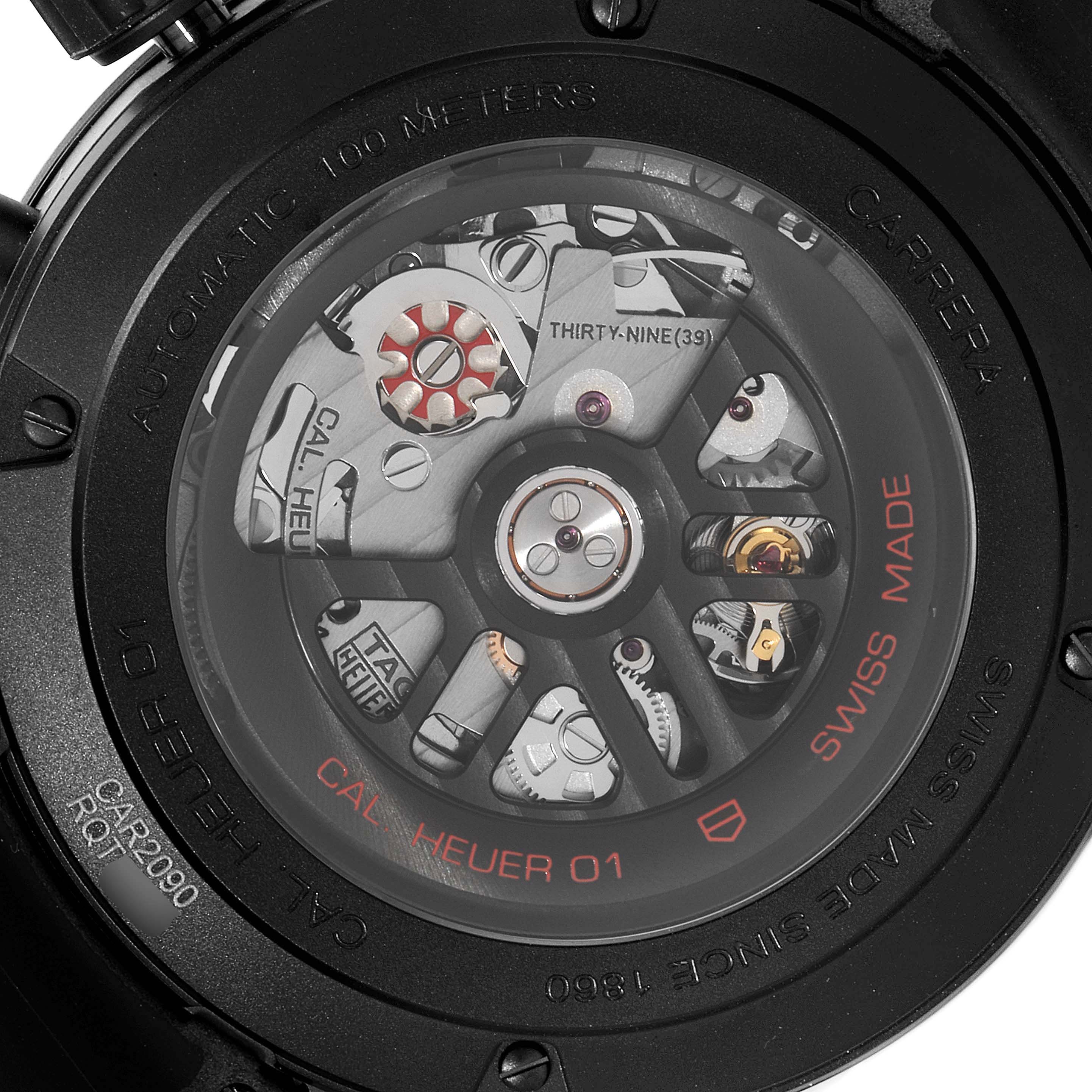This image shows the back view of the Tag Heuer Carrera CAR2090.BH0729 Men's Ceramic Black Dial CAR2090.BH0729 Men's Ceramic Black Dial model watch, highlighting the automatic movement.