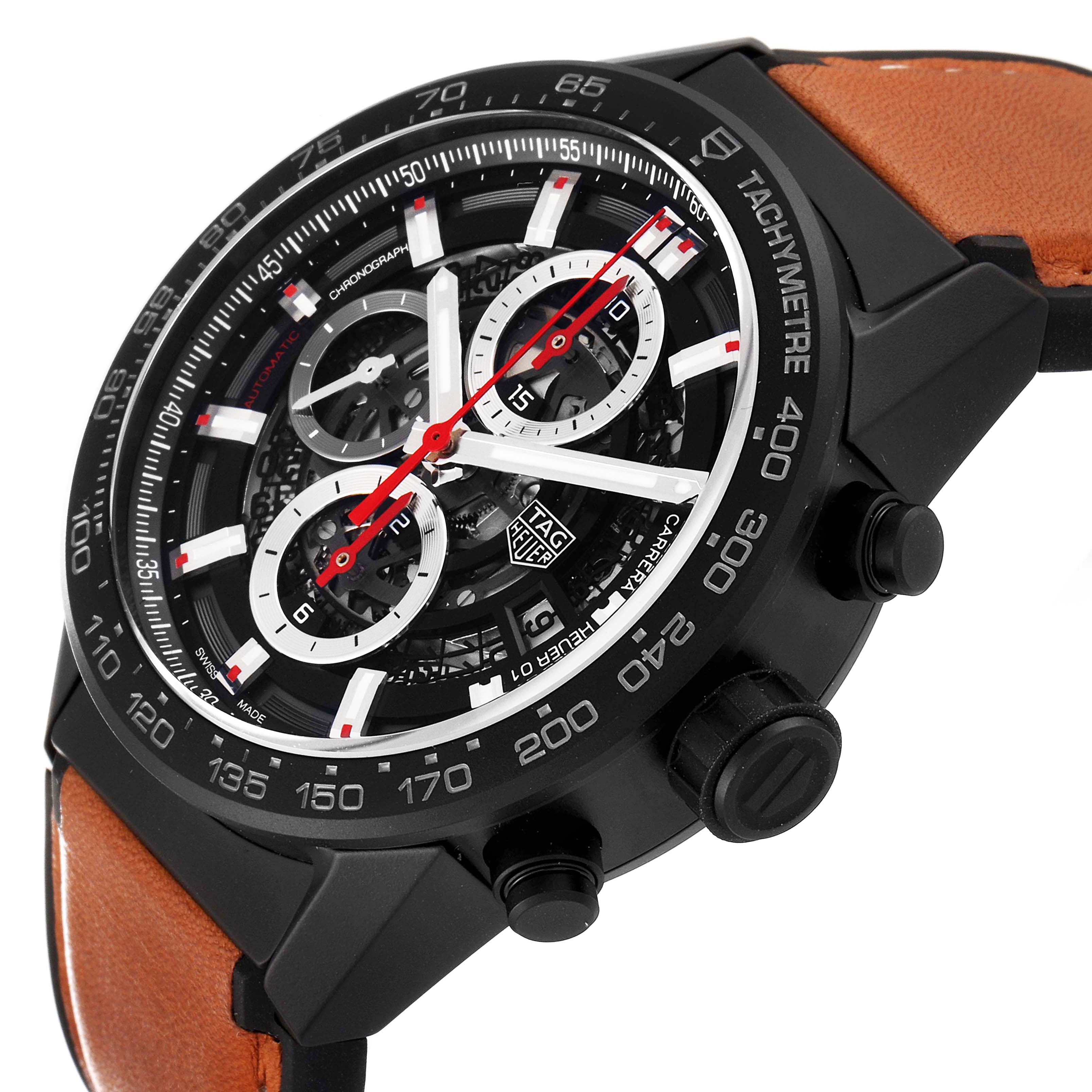 The Tag Heuer Carrera CAR2090.BH0729 Men's Ceramic Black Dial CAR2090.BH0729 Men's Ceramic Black Dial watch is shown at a three-quarter angle, highlighting its black case, chronograph dials, and brown leather strap.