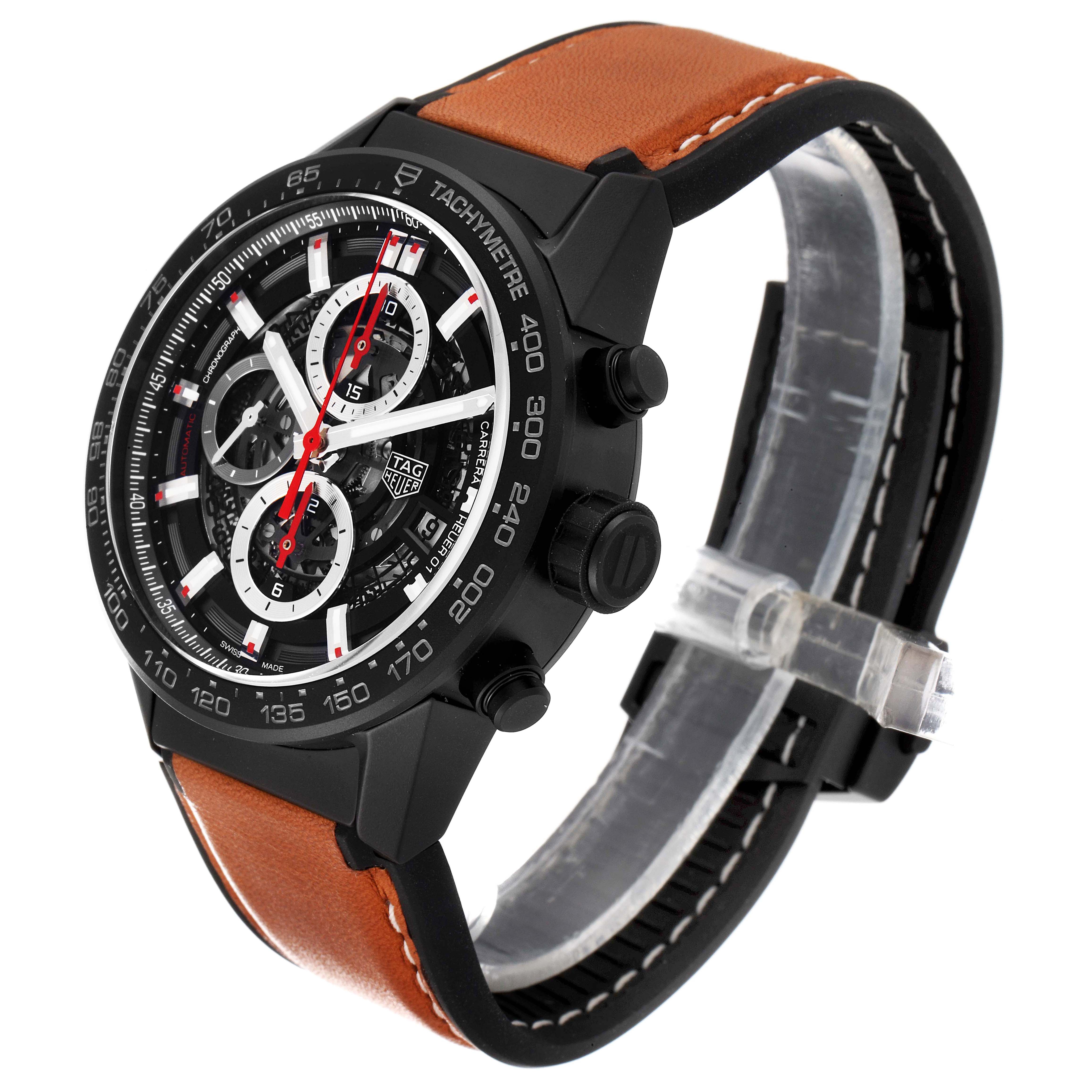 This Tag Heuer Carrera CAR2090.BH0729 Men's Ceramic Black Dial CAR2090.BH0729 Men's Ceramic Black Dial watch is shown from a three-quarter view, highlighting the dial, bezel, and leather strap.