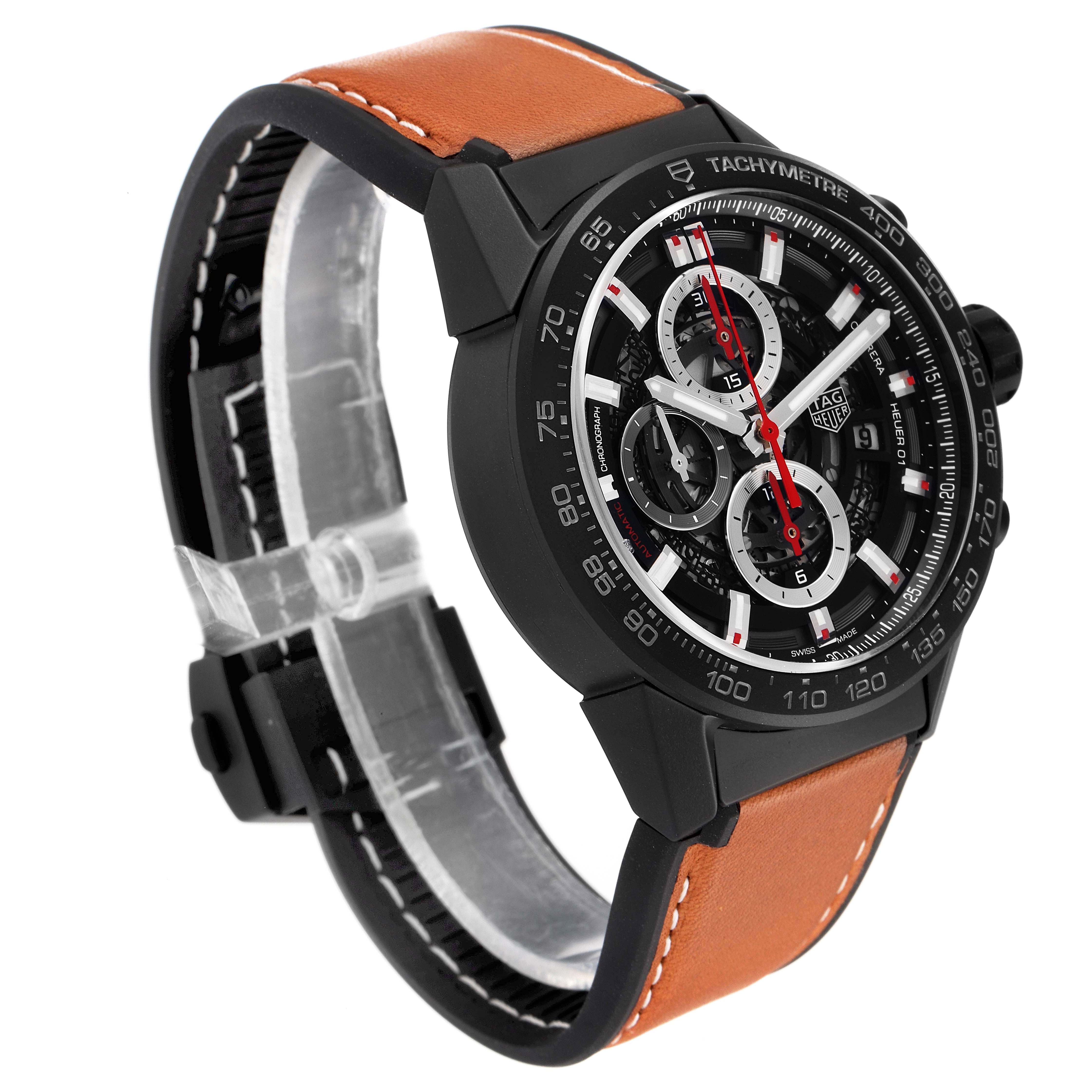 The image shows a Tag Heuer Carrera CAR2090.BH0729 Men's Ceramic Black Dial CAR2090.BH0729 Men's Ceramic Black Dial watch angled slightly from the front, displaying the face and part of the brown leather strap.