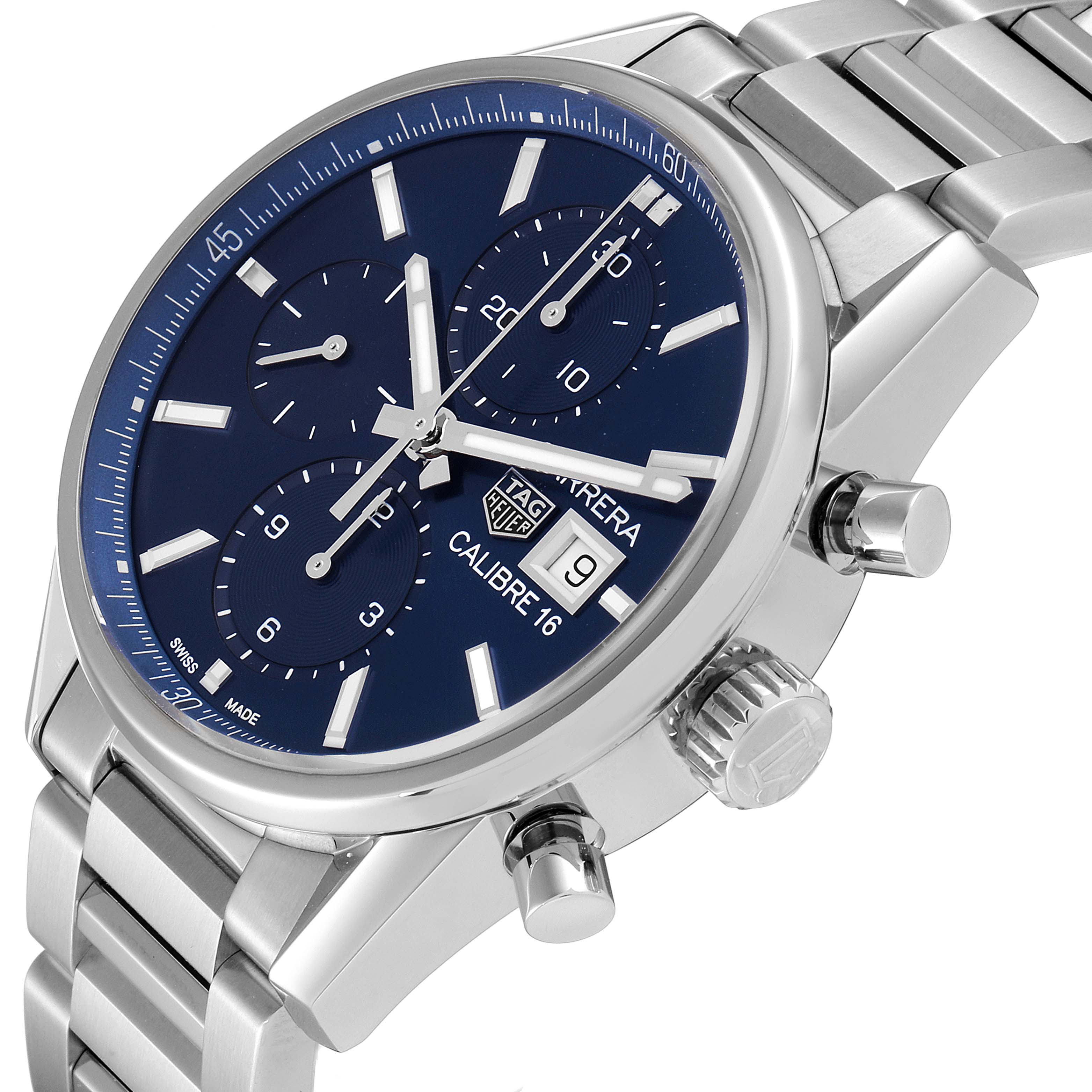 The image shows a close-up side angle of a Tag Heuer Carrera CBK2112.BA0715 Men
s Stainless Steel Blue Dial CBK2112.BA0715 Men
s Stainless Steel Blue Dial watch, focusing on the dial, crown, and pushers.