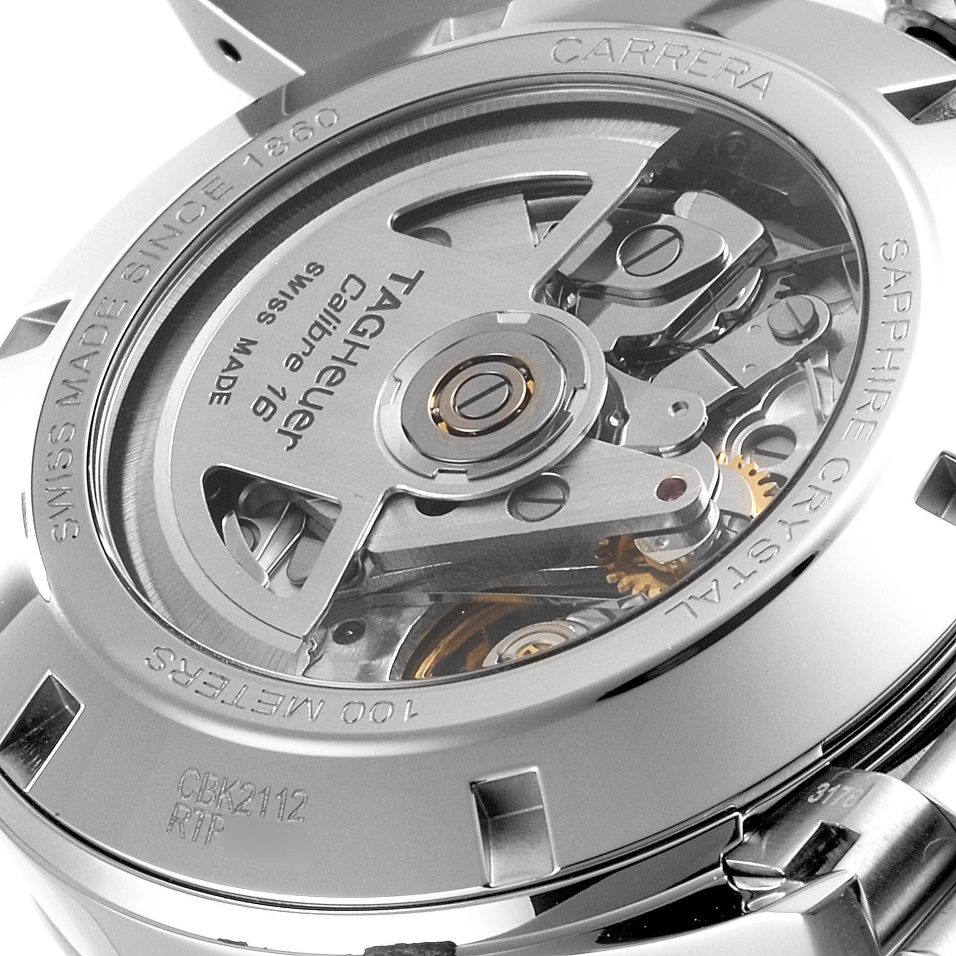 This image shows the back of the Tag Heuer Carrera CBK2112.BA0715 Men
s Stainless Steel Blue Dial CBK2112.BA0715 Men
s Stainless Steel Blue Dial watch, revealing its Calibre 16 automatic movement through a sapphire crystal.