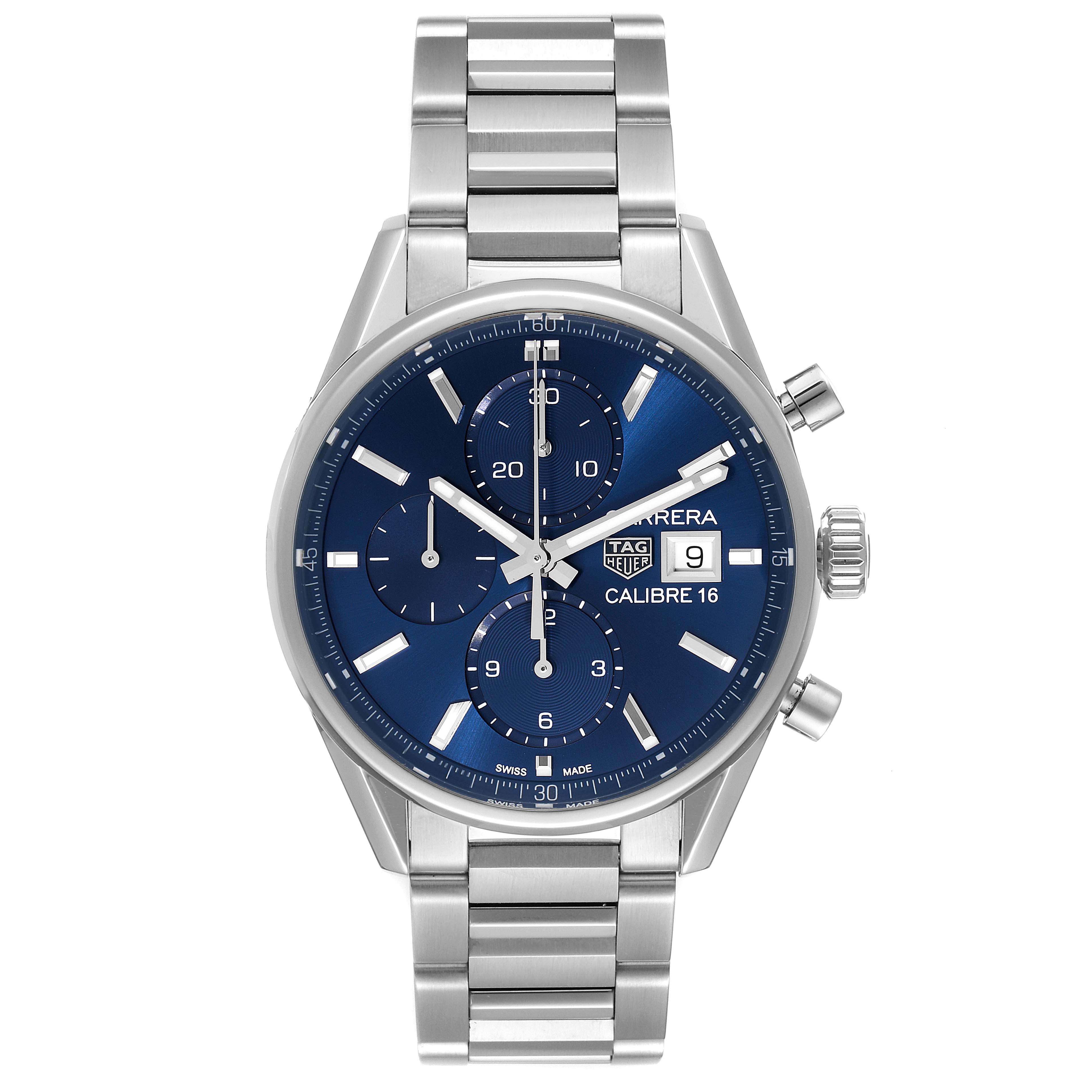 This Tag Heuer Carrera CBK2112.BA0715 Men
s Stainless Steel Blue Dial CBK2112.BA0715 Men
s Stainless Steel Blue Dial watch is shown from a front angle, displaying its blue dial, chronograph sub-dials, date window, and stainless steel bracelet.