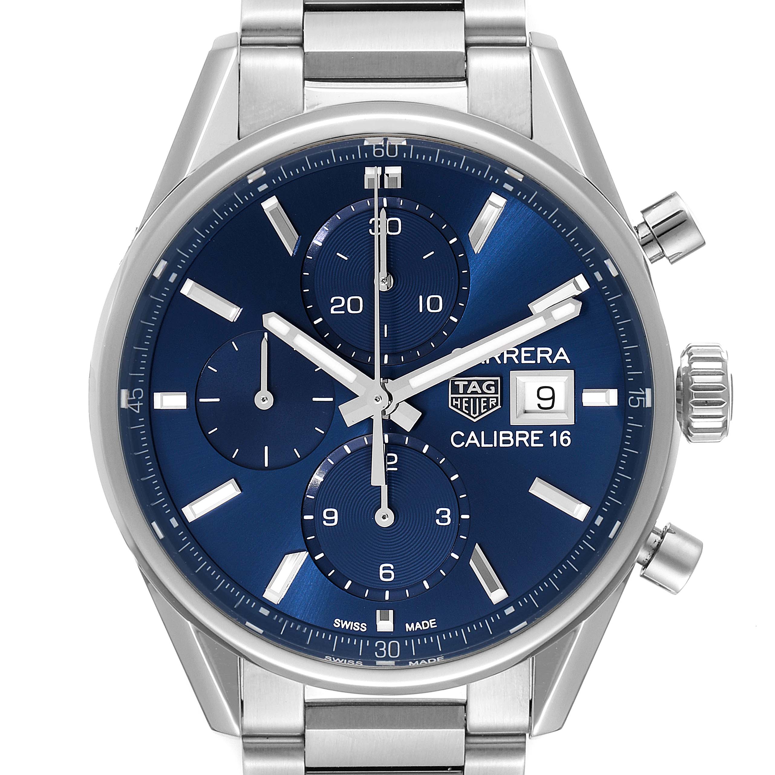 The image shows a front angle of the Tag Heuer Carrera CBK2112.BA0715 Men
s Stainless Steel Blue Dial CBK2112.BA0715 Men
s Stainless Steel Blue Dial Calibre 16 watch, displaying its dial, chronograph subdials, and bracelet.