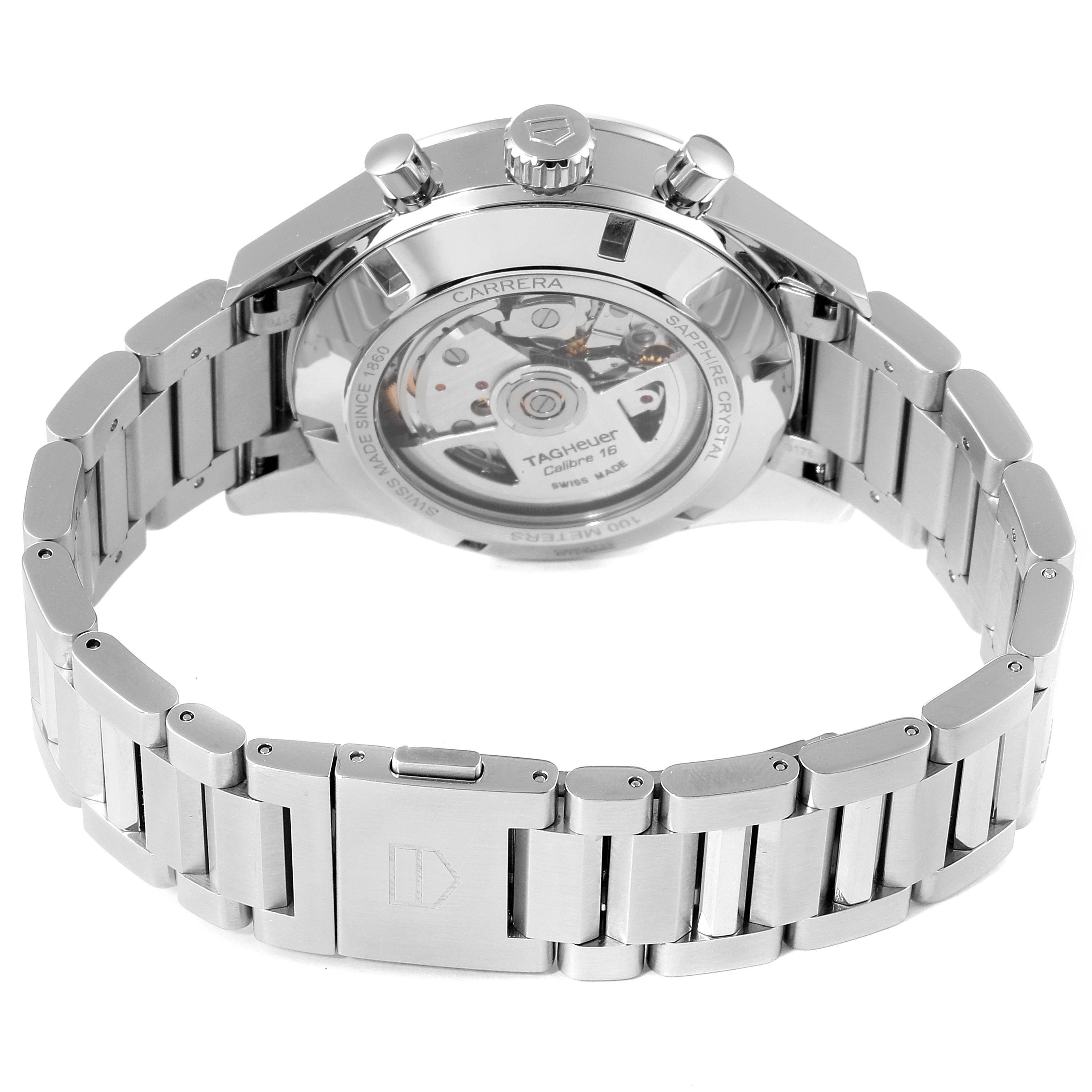 The Tag Heuer Carrera CBK2112.BA0715 Men
s Stainless Steel Blue Dial CBK2112.BA0715 Men
s Stainless Steel Blue Dial watch is shown from the rear, highlighting the movement, bracelet, and clasp.