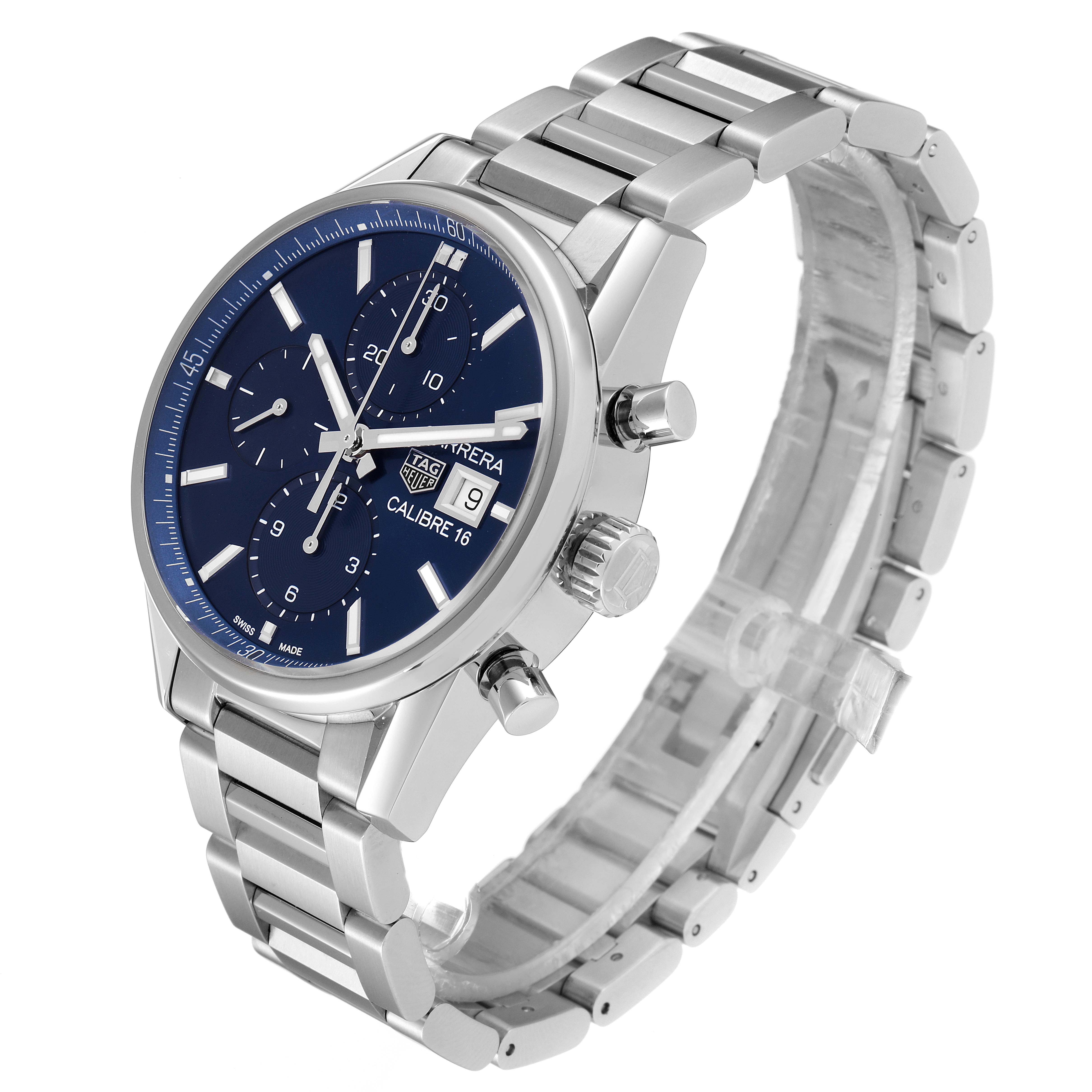 The image shows a Tag Heuer Carrera CBK2112.BA0715 Men
s Stainless Steel Blue Dial CBK2112.BA0715 Men
s Stainless Steel Blue Dial watch at an angled side view, highlighting the face, dials, and stainless steel bracelet.