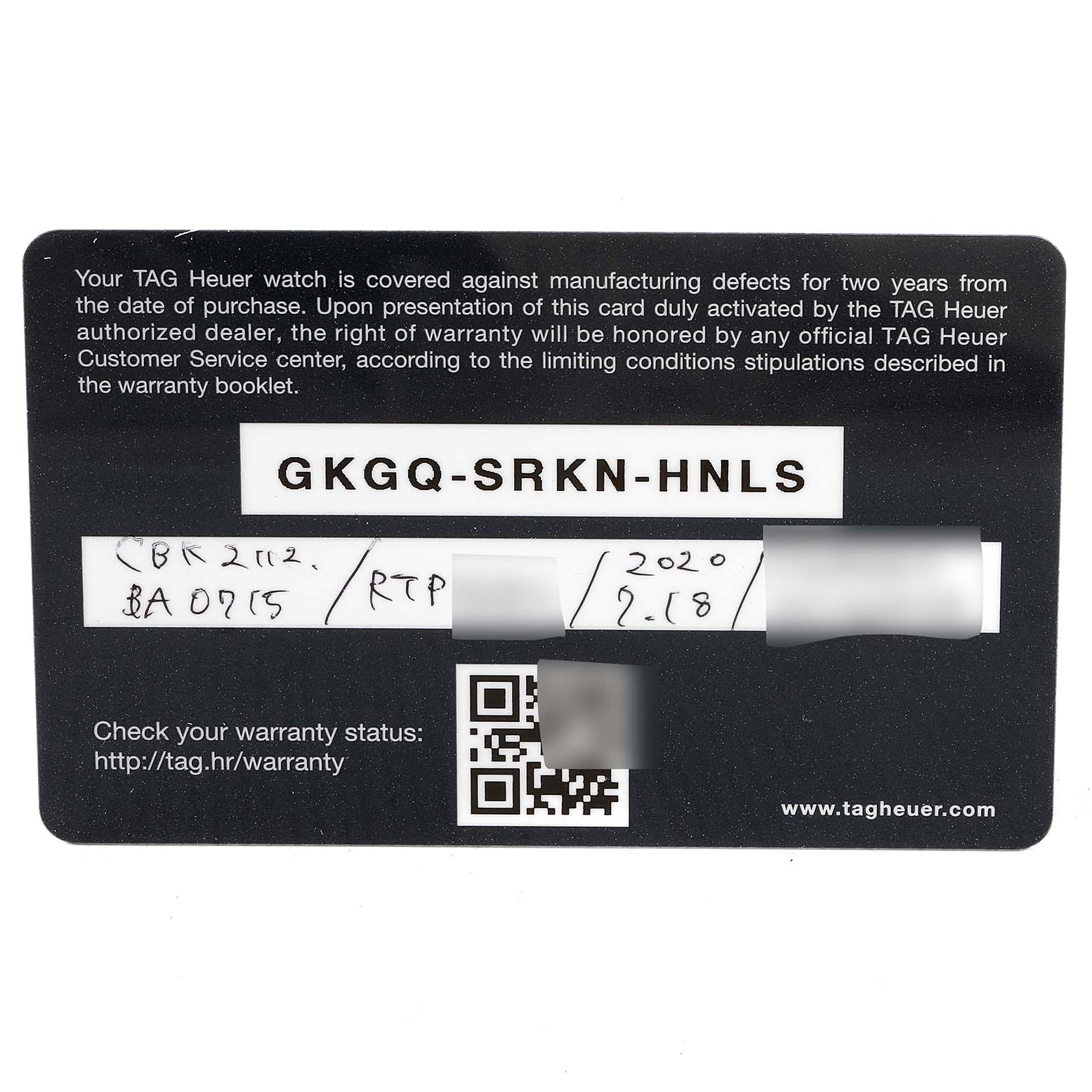 This is a Tag Heuer Carrera CBK2112.BA0715 Men
s Stainless Steel Blue Dial CBK2112.BA0715 Men
s Stainless Steel Blue Dial model warranty card shown from the front angle.