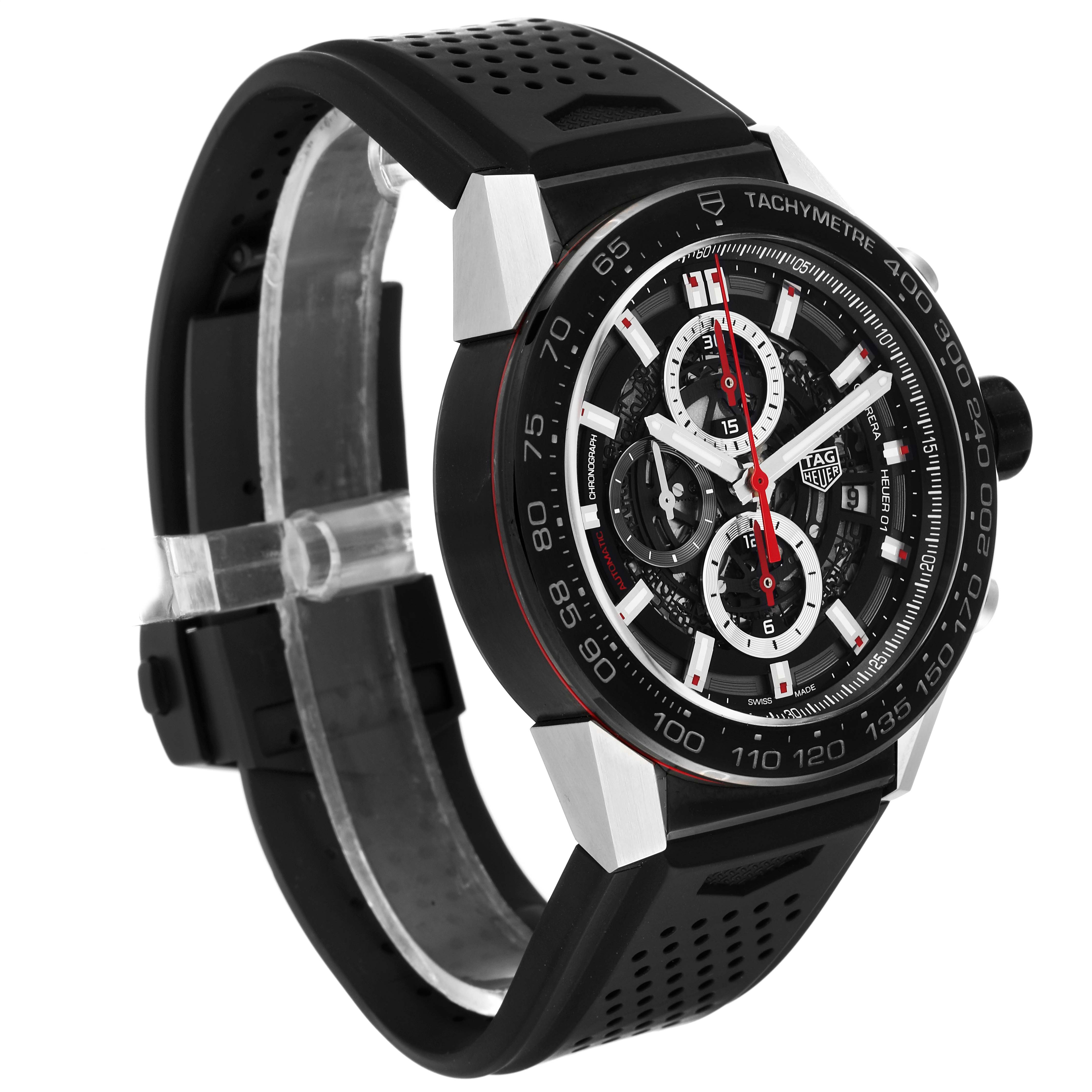 The image shows a side angle of the Tag Heuer Carrera CAR2A1Z Men's Stainless Steel Transparent Dial CAR2A1Z Men's Stainless Steel Transparent Dial watch, highlighting its face, bezel, chronograph, and black rubber strap.