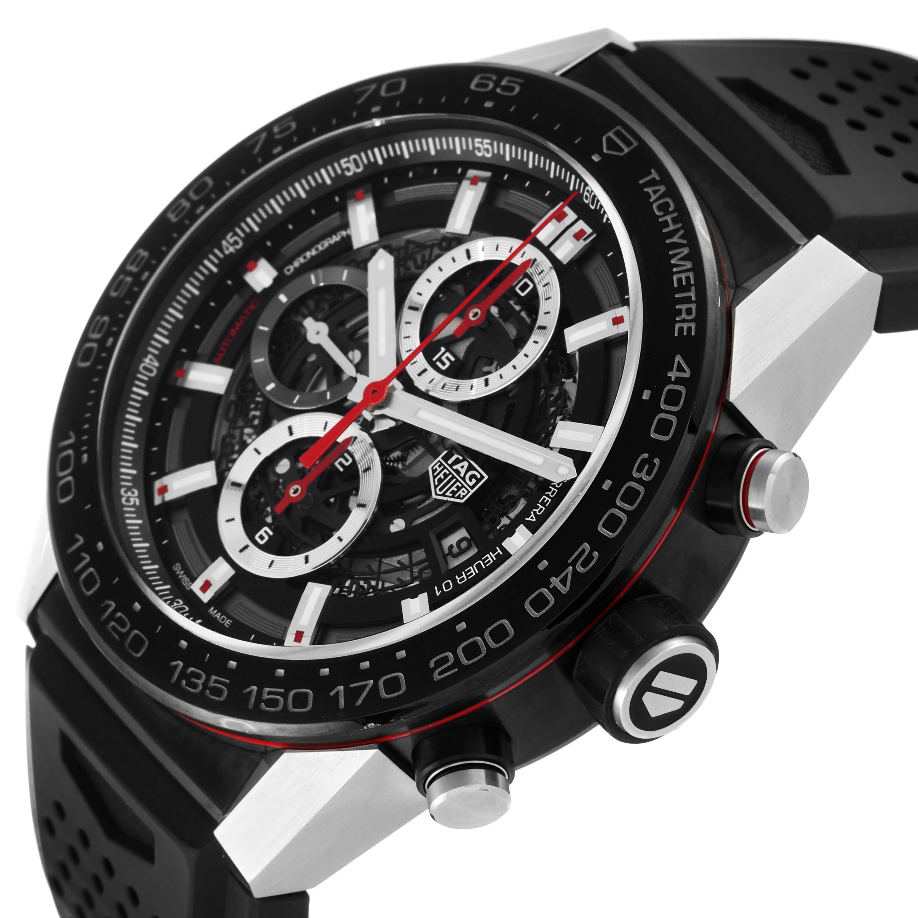 The image shows a close-up, angled view of the Tag Heuer Carrera CAR2A1Z Men's Stainless Steel Transparent Dial CAR2A1Z Men's Stainless Steel Transparent Dial watch displaying its dial, bezel, and side buttons.