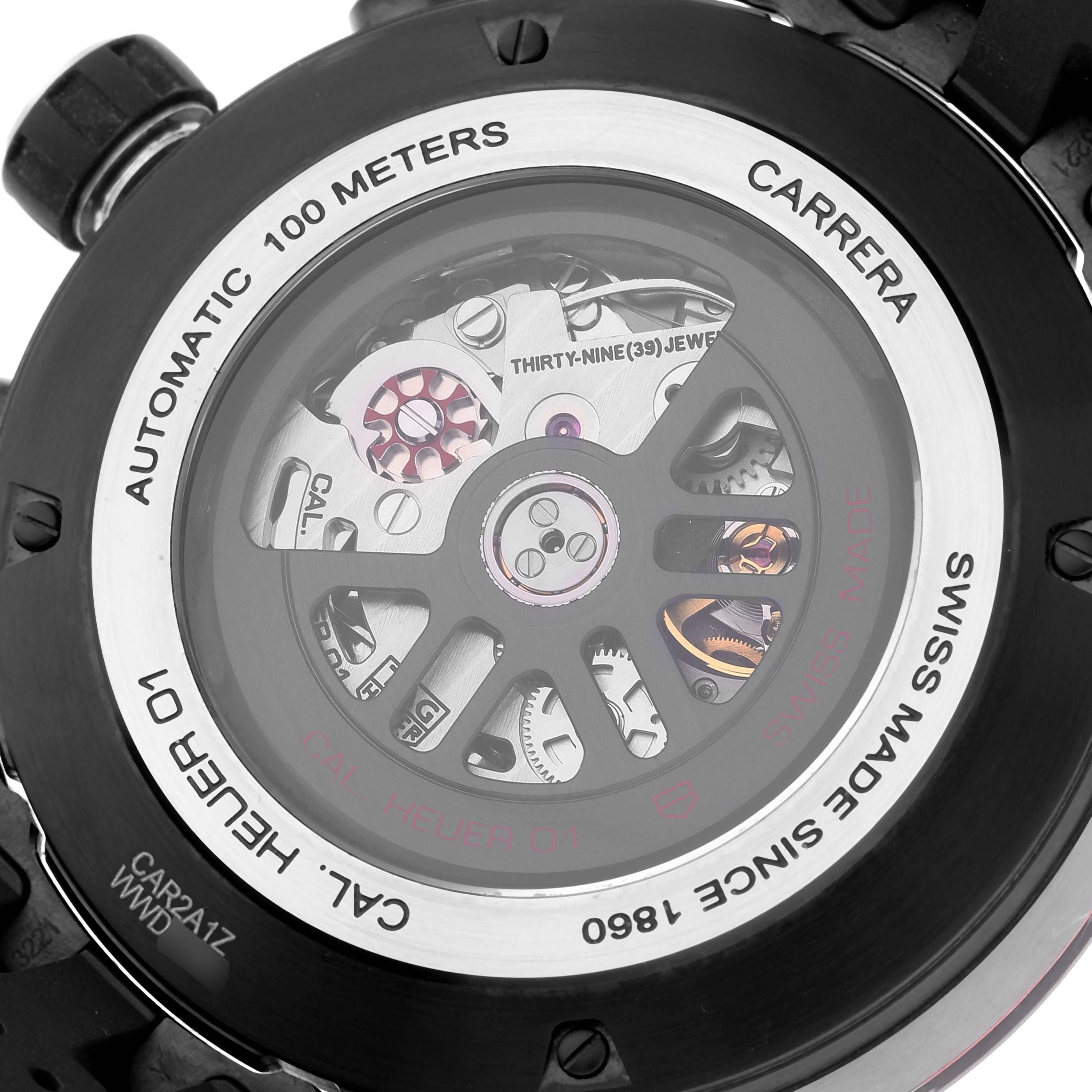 The image shows the back angle of a Tag Heuer Carrera CAR2A1Z Men's Stainless Steel Transparent Dial CAR2A1Z Men's Stainless Steel Transparent Dial model, highlighting its automatic movement and internal mechanics.