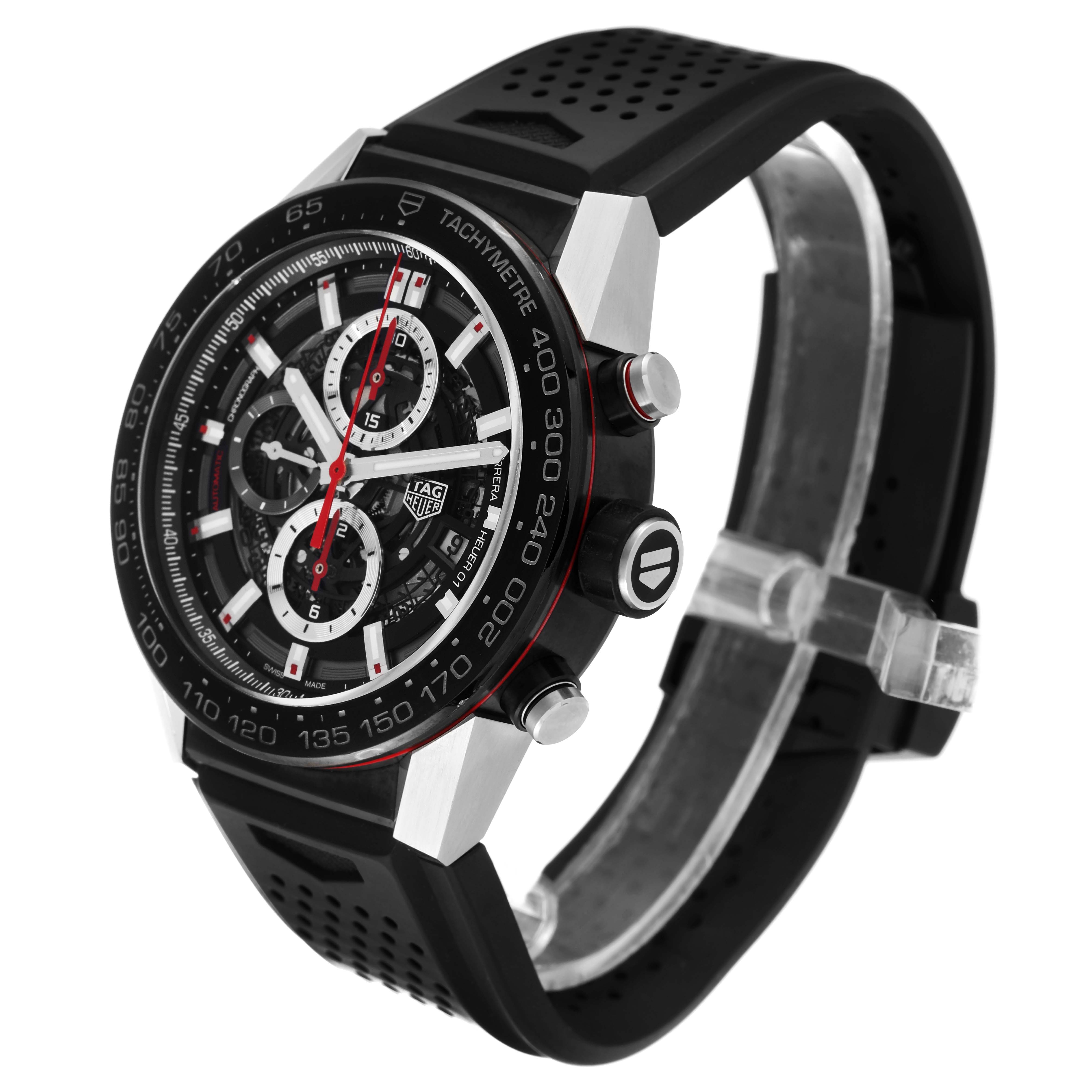 This image shows a Tag Heuer Carrera CAR2A1Z Men's Stainless Steel Transparent Dial CAR2A1Z Men's Stainless Steel Transparent Dial watch at a three-quarter angle, highlighting its black dial, sub-dials, and black perforated strap.