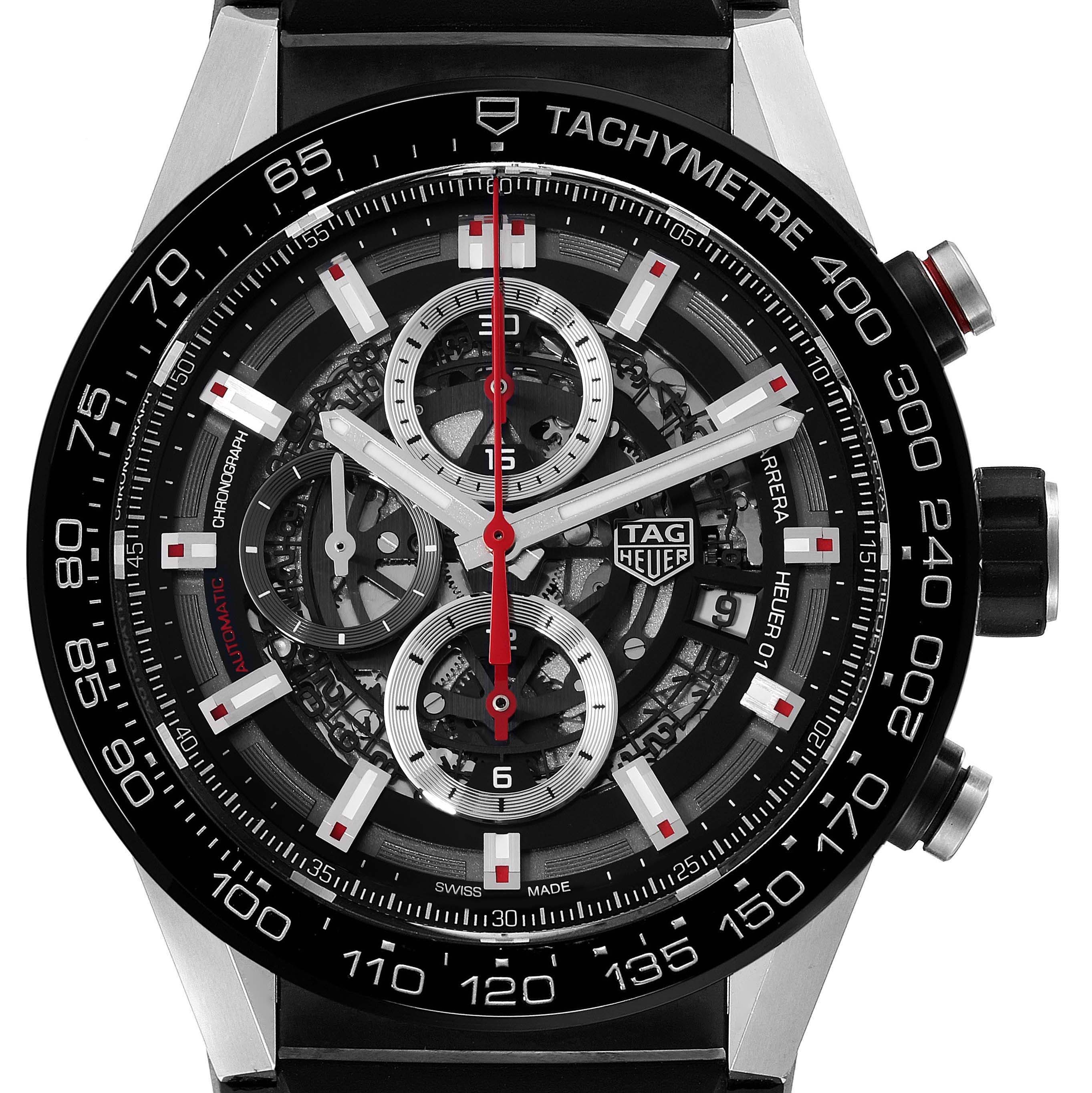This image shows a close-up of the Tag Heuer Carrera CAR2A1Z Men's Stainless Steel Transparent Dial CAR2A1Z Men's Stainless Steel Transparent Dial watch face featuring multiple subdials, a tachymeter scale, and branding.