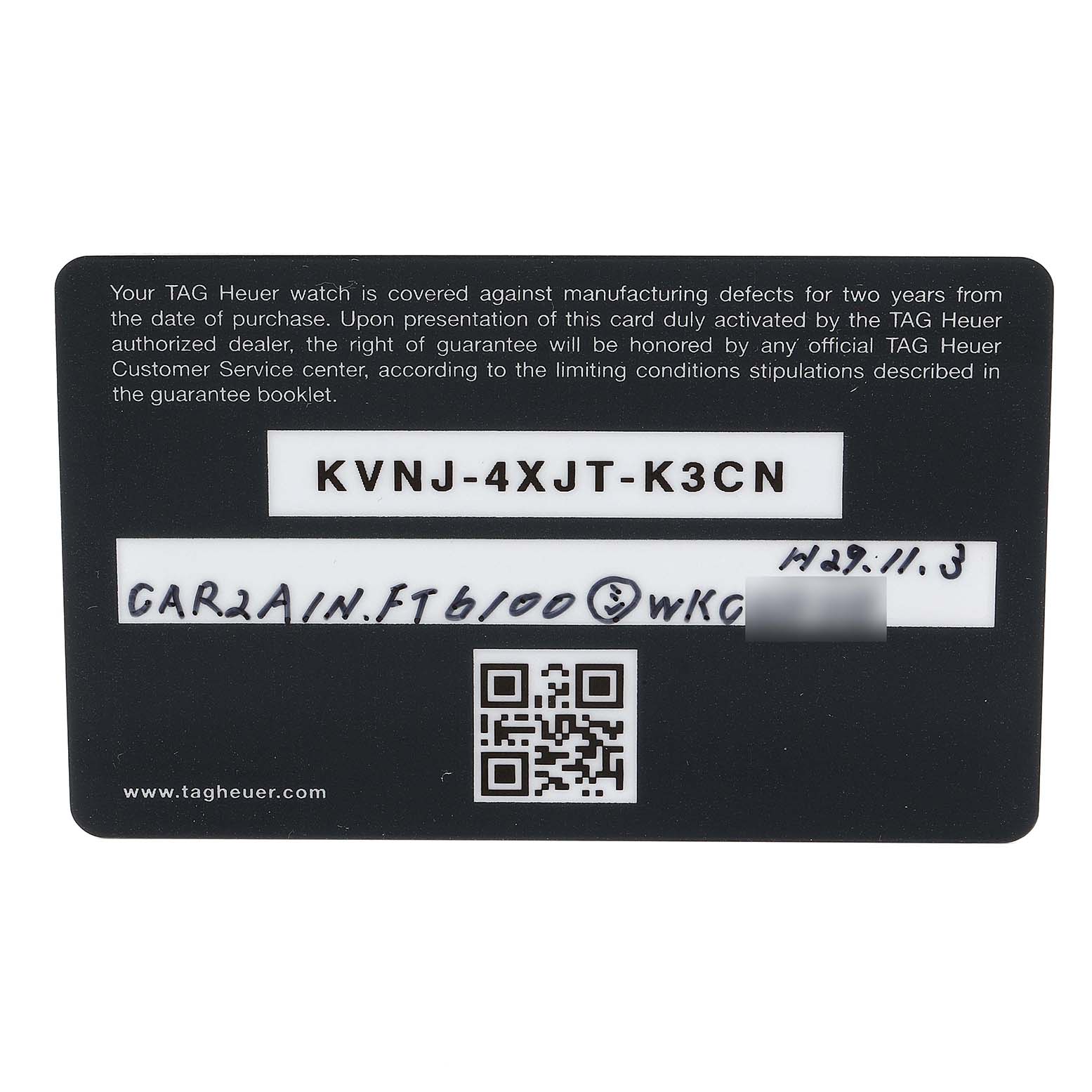 The image shows a TAG Heuer warranty card for the Carrera model watch.