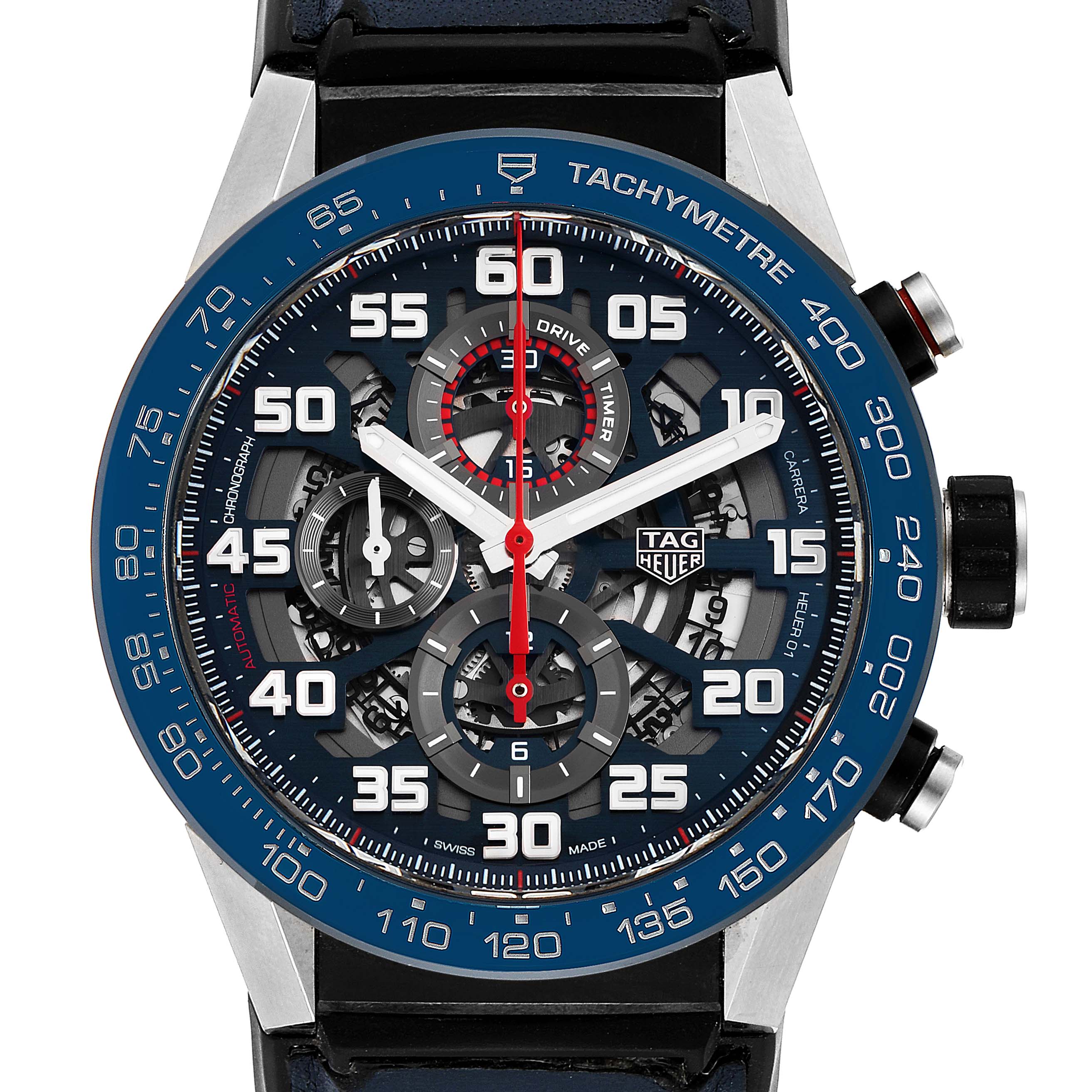 The image shows a front view of the Tag Heuer Carrera CAR2A1N.FT6100 Men
s Stainless Steel Blue Dial CAR2A1N.FT6100 Men
s Stainless Steel Blue Dial model watch, highlighting its face, bezel, and chronograph subdials.