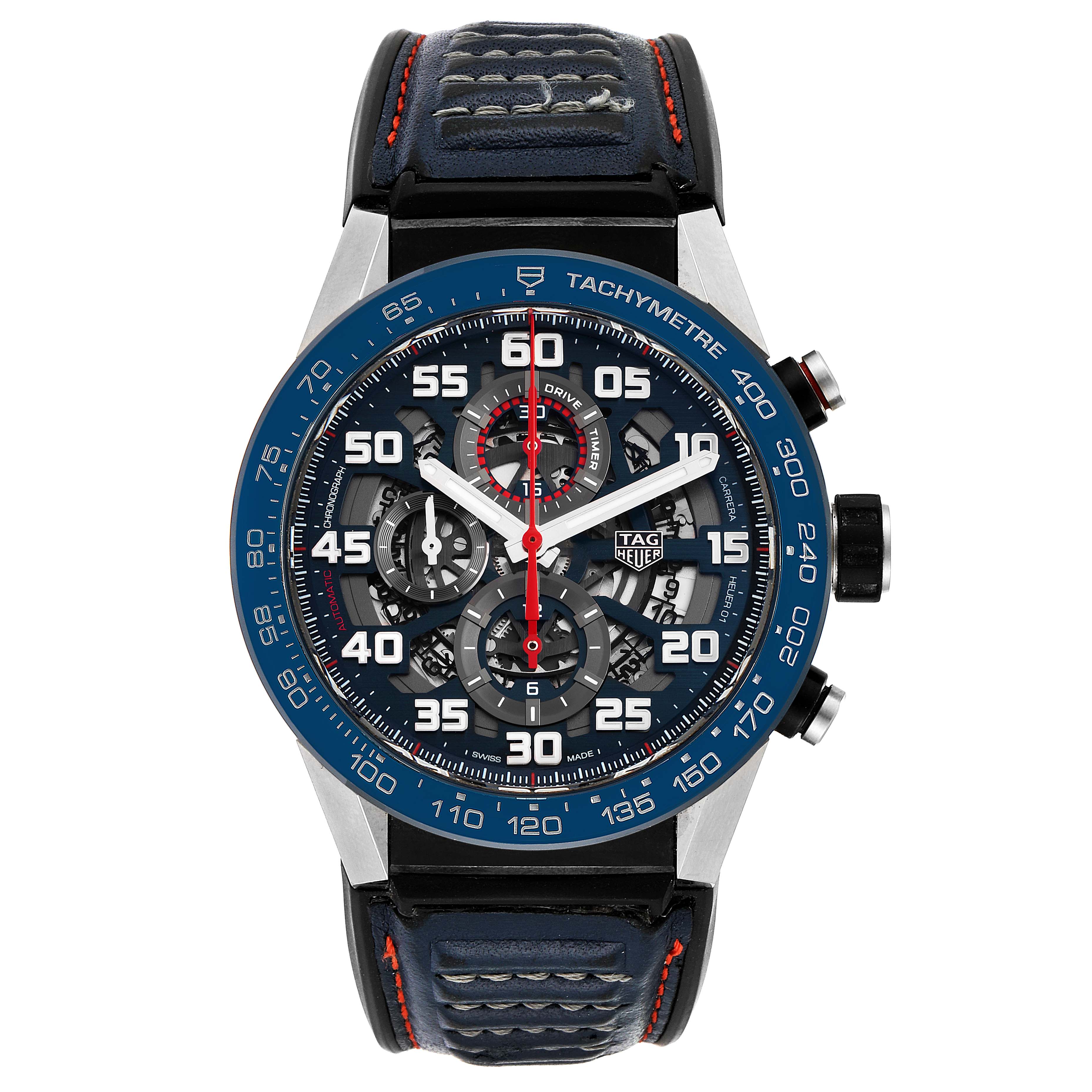 The image shows a front view of the Tag Heuer Carrera CAR2A1N.FT6100 Men
s Stainless Steel Blue Dial CAR2A1N.FT6100 Men
s Stainless Steel Blue Dial watch, highlighting the dial, bezel, and strap.
