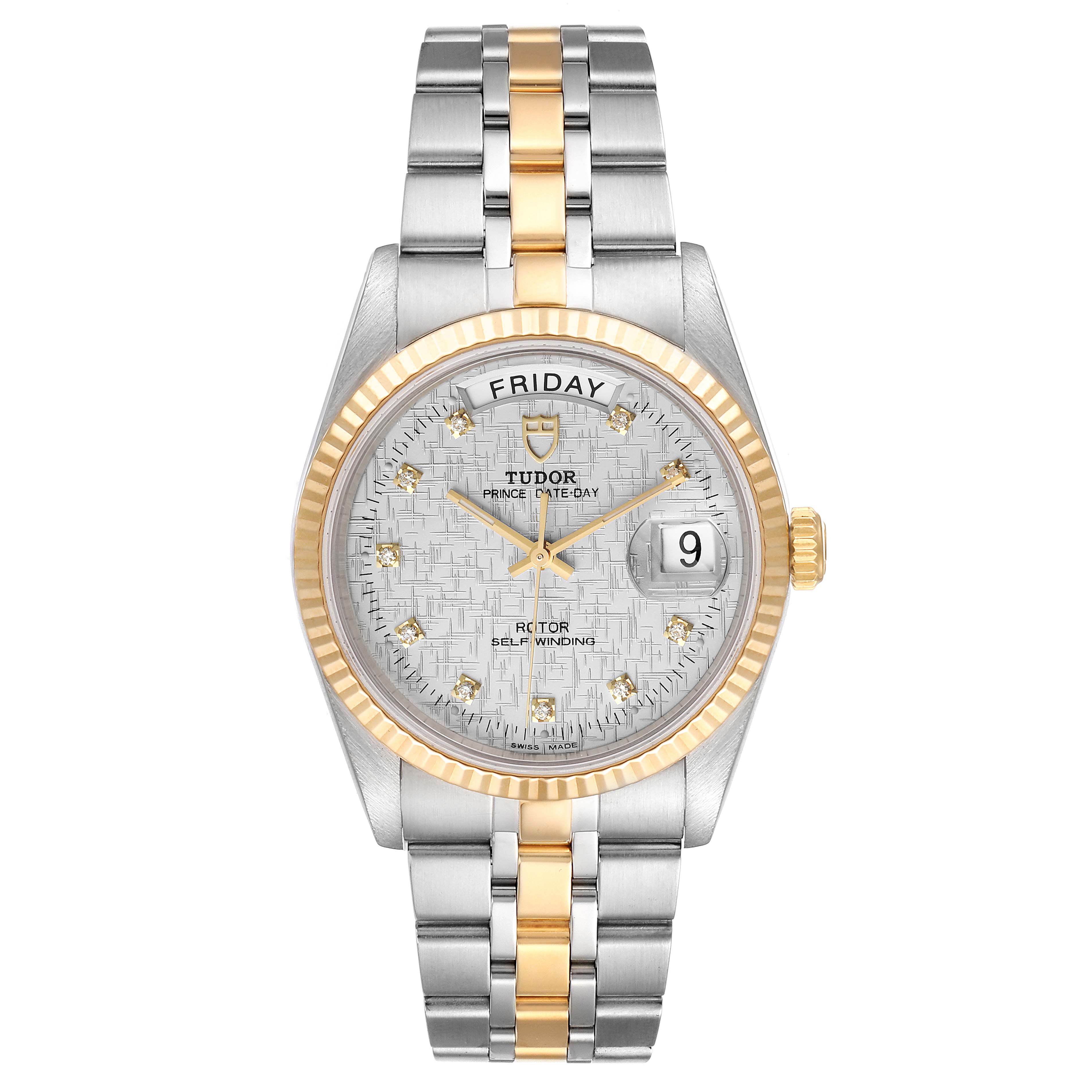 The Tudor Prince 76213 Men's Steel and Gold (two tone) Silver Dial 76213 Men's Steel and Gold (two tone) Silver Dial watch is shown from a top-down angle, highlighting its face, bezel, bracelet, and date-day displays.