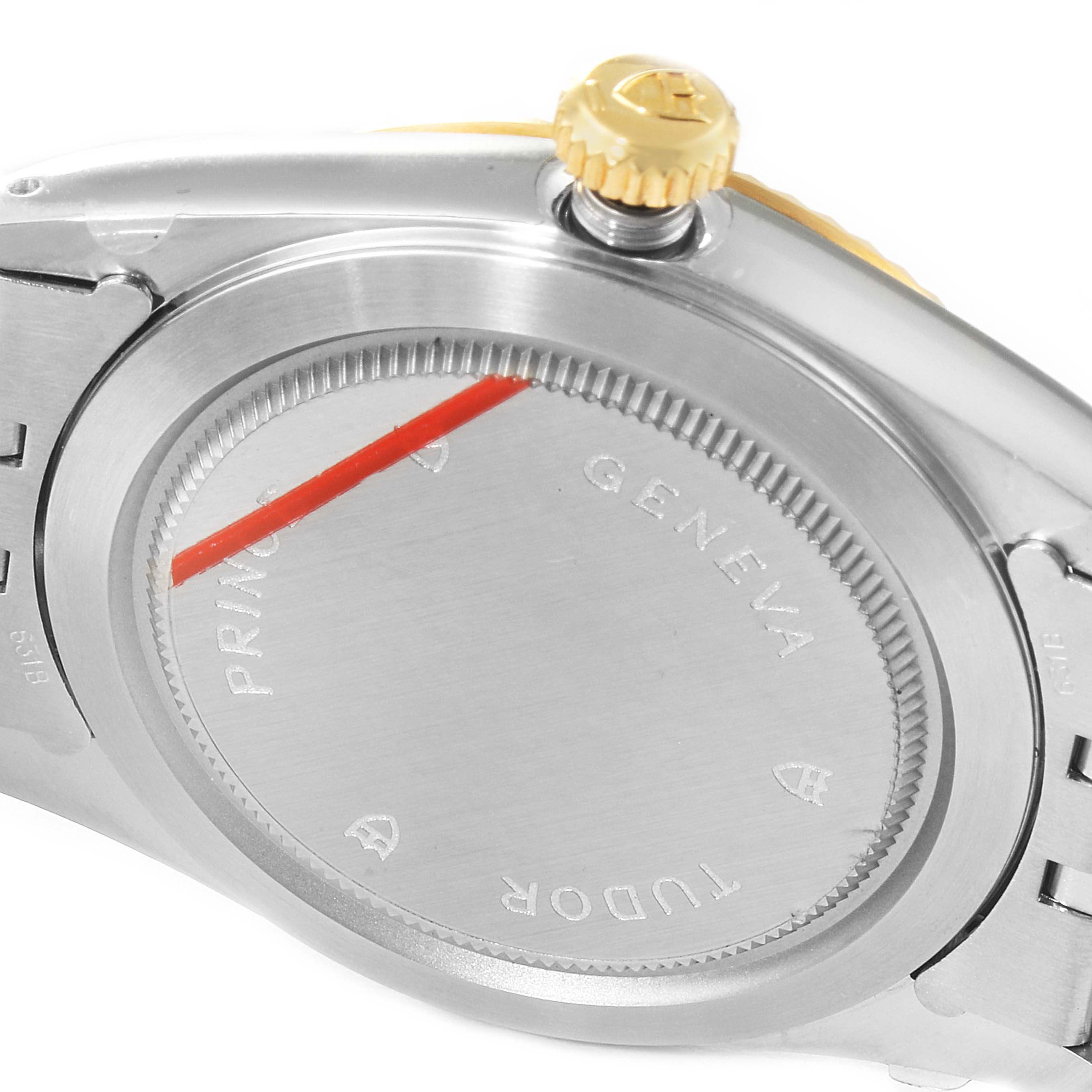 The image shows the case back and crown of a Tudor Prince 76213 Men's Steel and Gold (two tone) Silver Dial 76213 Men's Steel and Gold (two tone) Silver Dial model watch, viewed from an angle.