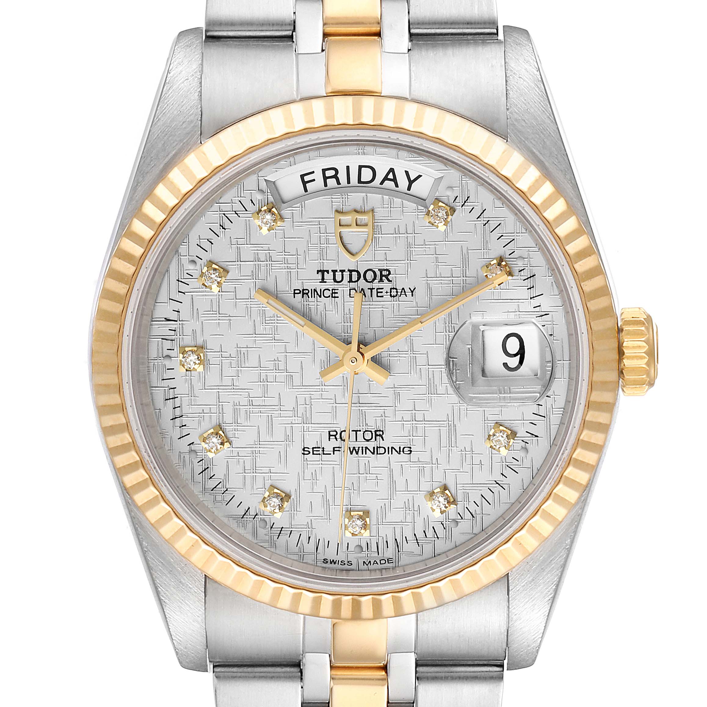 This image shows a front view of the Tudor Prince 76213 Men's Steel and Gold (two tone) Silver Dial 76213 Men's Steel and Gold (two tone) Silver Dial watch, highlighting the dial, day-date functions, and part of the bracelet.