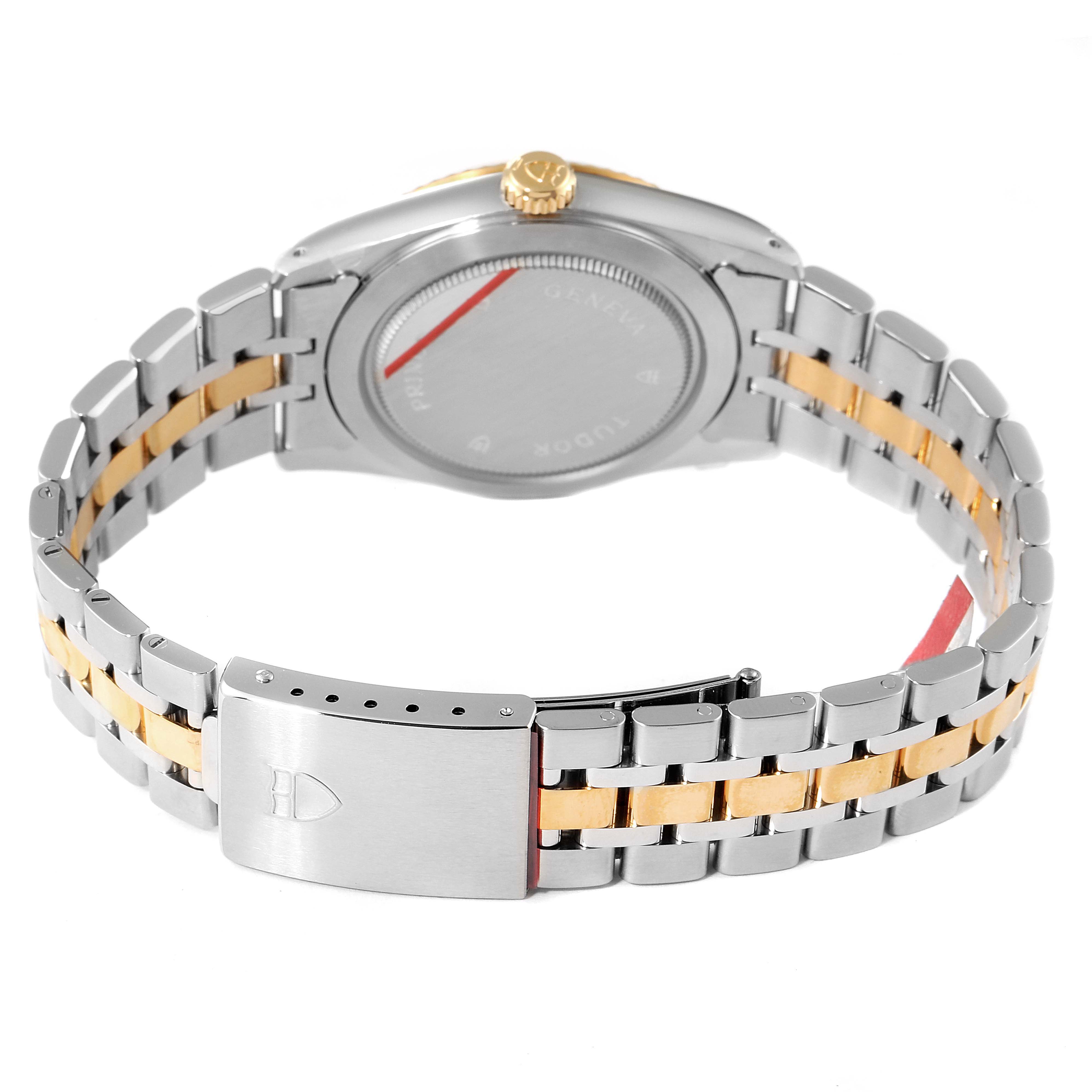 The image shows the back case and bracelet of a Tudor Prince 76213 Men's Steel and Gold (two tone) Silver Dial 76213 Men's Steel and Gold (two tone) Silver Dial model watch, highlighting the clasp and crown.