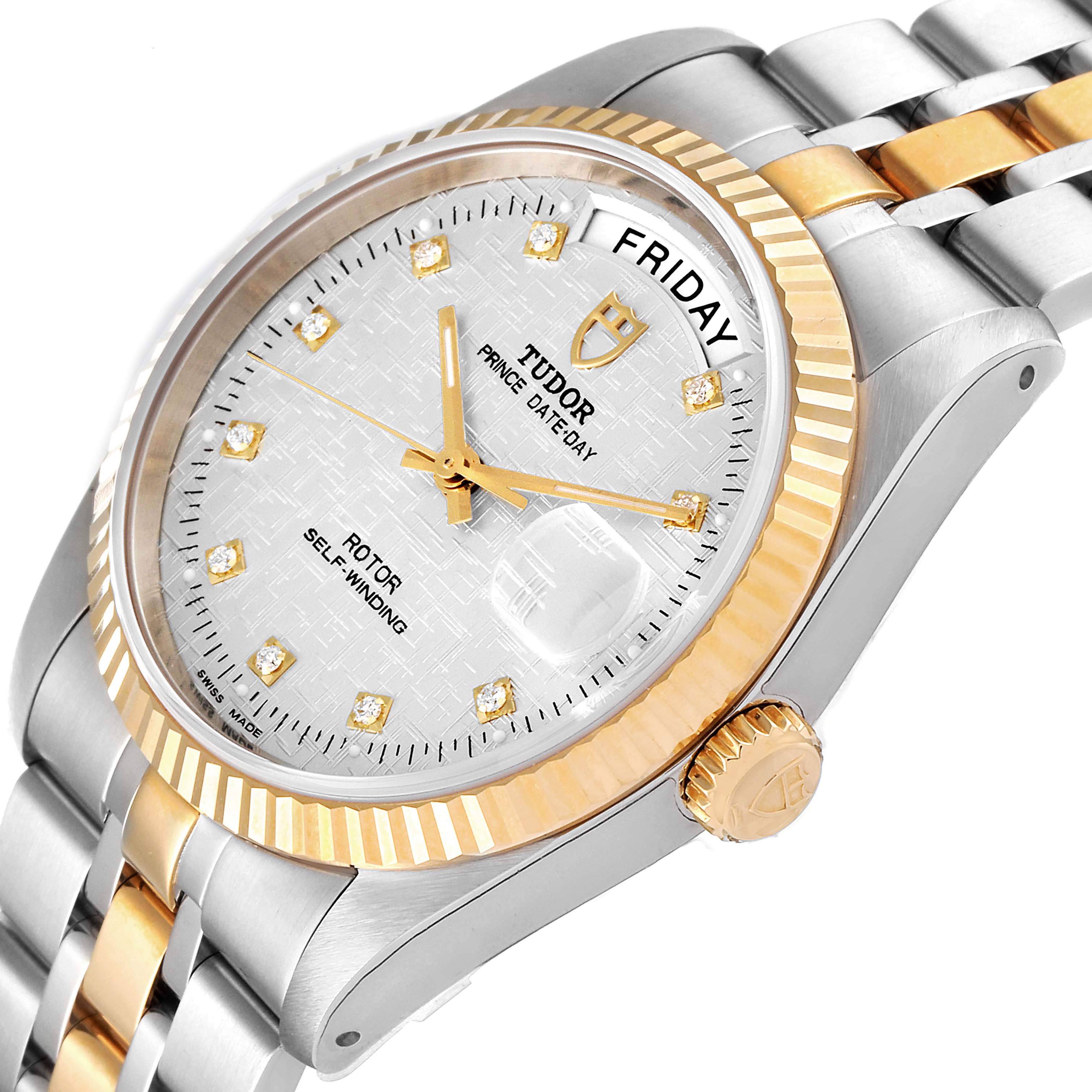 The image shows a Tudor Prince 76213 Men's Steel and Gold (two tone) Silver Dial 76213 Men's Steel and Gold (two tone) Silver Dial model watch at an angle highlighting its dial, bezel, crown, and bracelet.