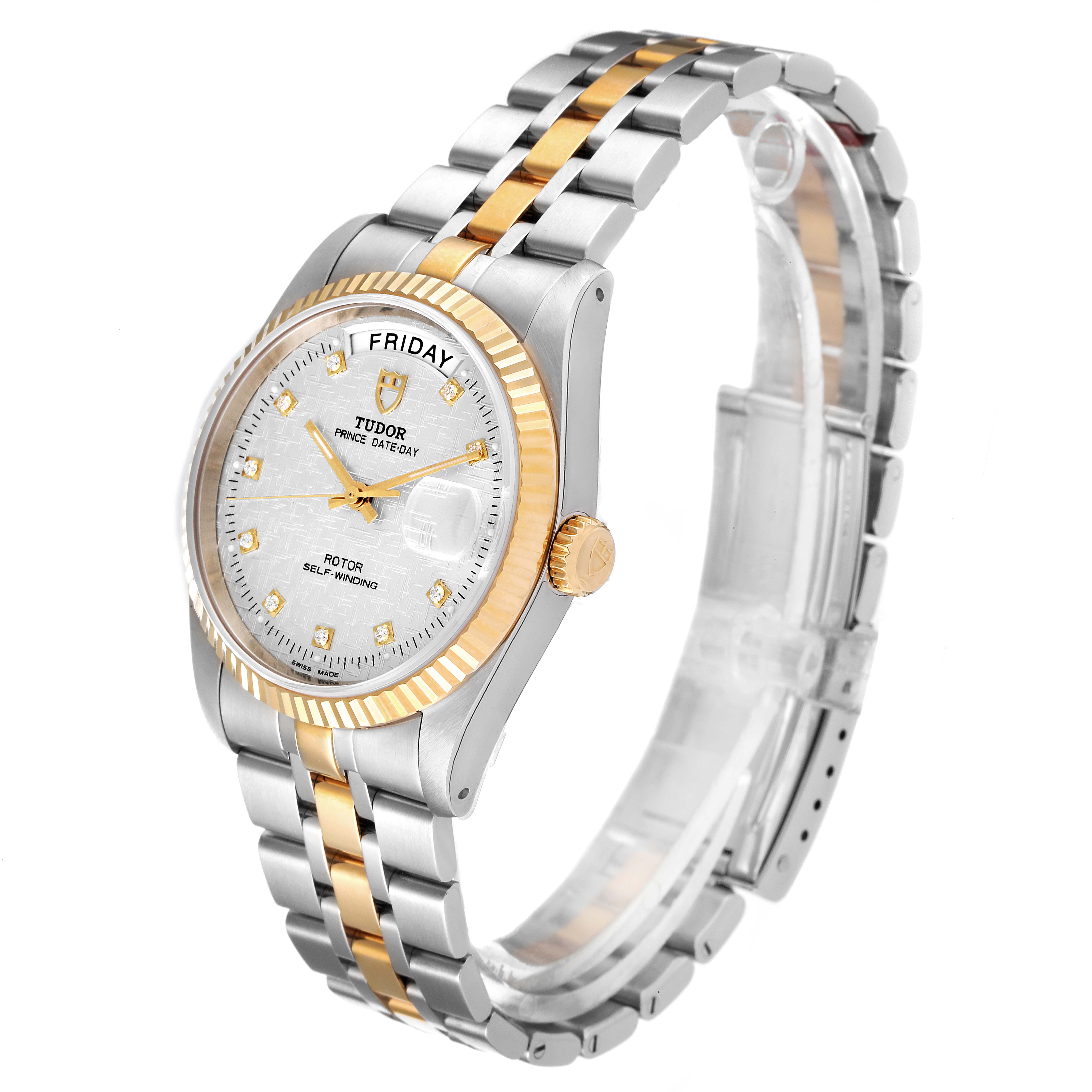 The image shows a Tudor Prince 76213 Men's Steel and Gold (two tone) Silver Dial 76213 Men's Steel and Gold (two tone) Silver Dial watch at a three-quarter angle, highlighting the two-tone bracelet, dial, and bezel.