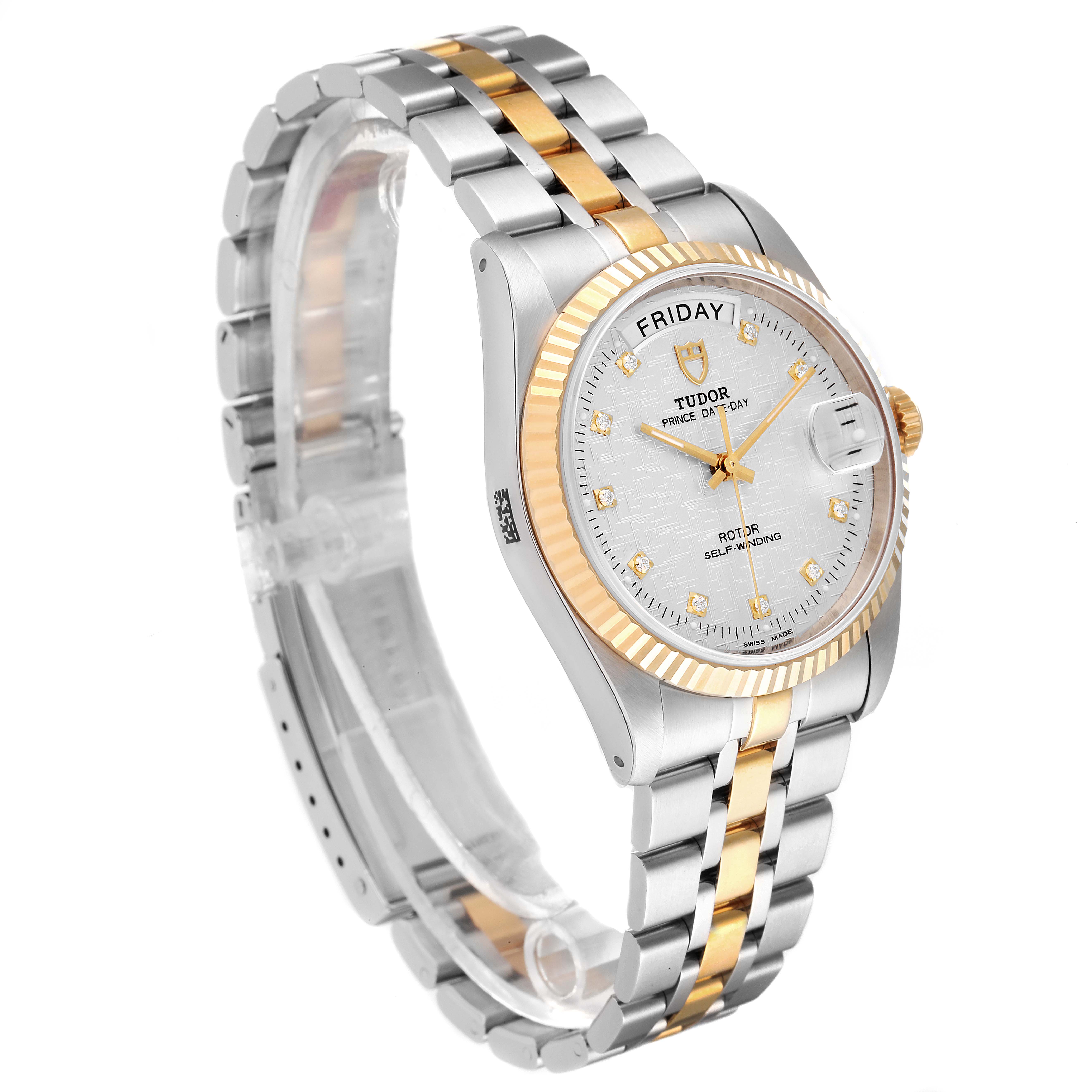 This image shows a Tudor Prince 76213 Men's Steel and Gold (two tone) Silver Dial 76213 Men's Steel and Gold (two tone) Silver Dial watch at a three-quarter angle, highlighting its gold bezel and two-tone bracelet.