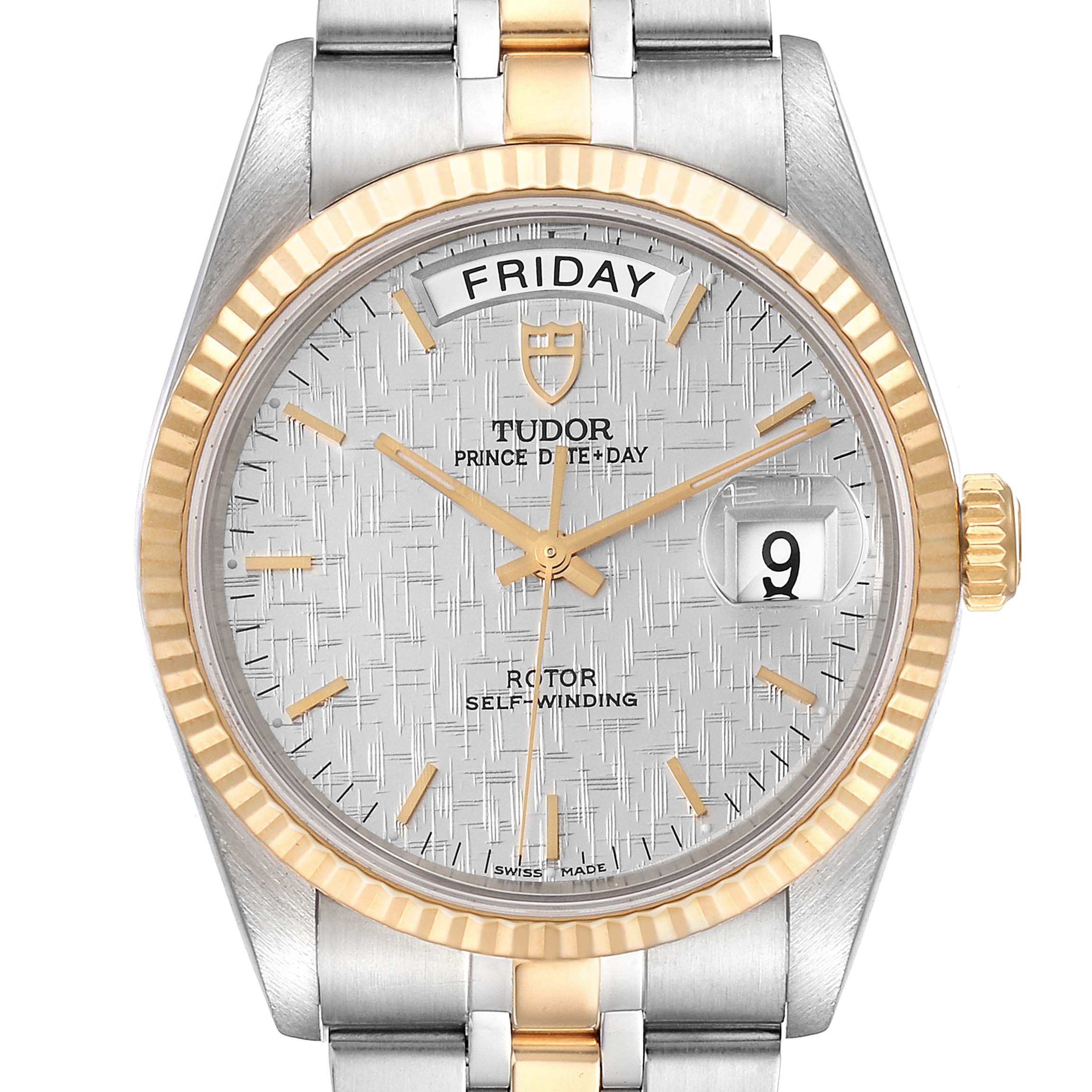 The image shows a front view of the Tudor Prince 76213 Men's Steel and Gold (two tone) Silver Dial 76213 Men's Steel and Gold (two tone) Silver Dial Date + Day watch, highlighting its dial, day-date display, and two-tone bracelet.