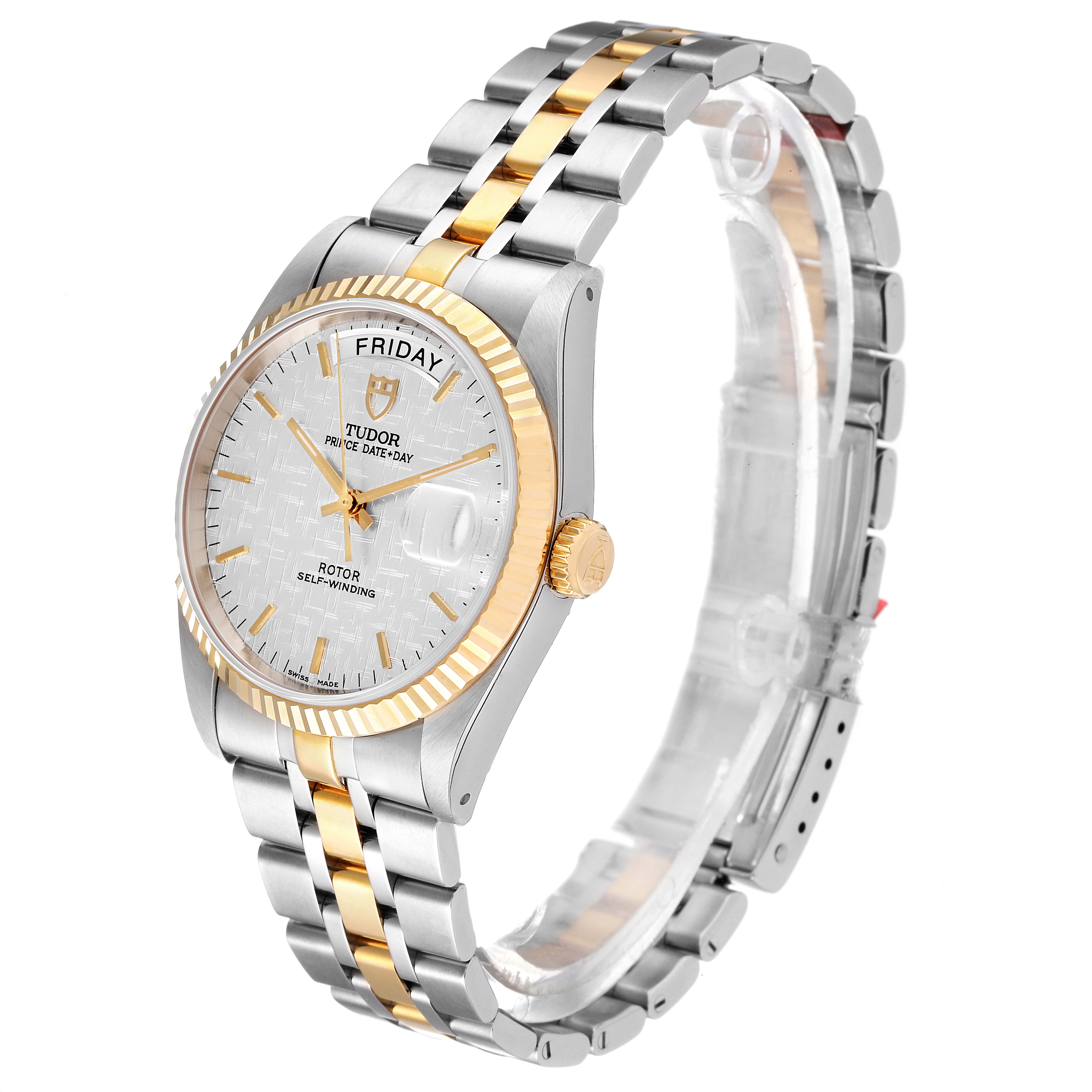 The Tudor Prince 76213 Men's Steel and Gold (two tone) Silver Dial 76213 Men's Steel and Gold (two tone) Silver Dial watch model is shown at a three-quarter angle, displaying the face, band, and side profile.