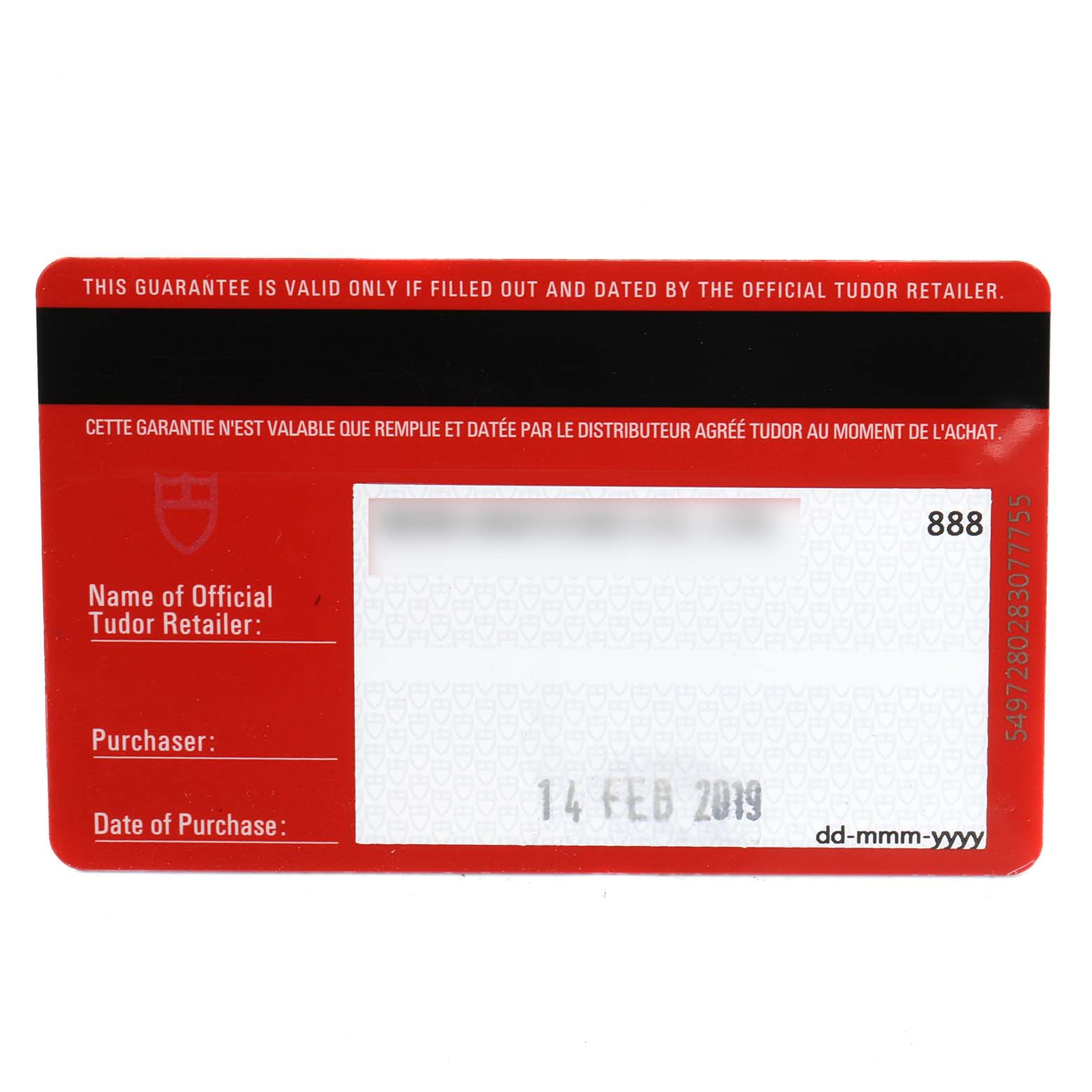 This image shows a warranty card for the Tudor Prince 76213 Men's Steel and Gold (two tone) Silver Dial 76213 Men's Steel and Gold (two tone) Silver Dial model watch, detailing the retailer, purchaser, and date of purchase.