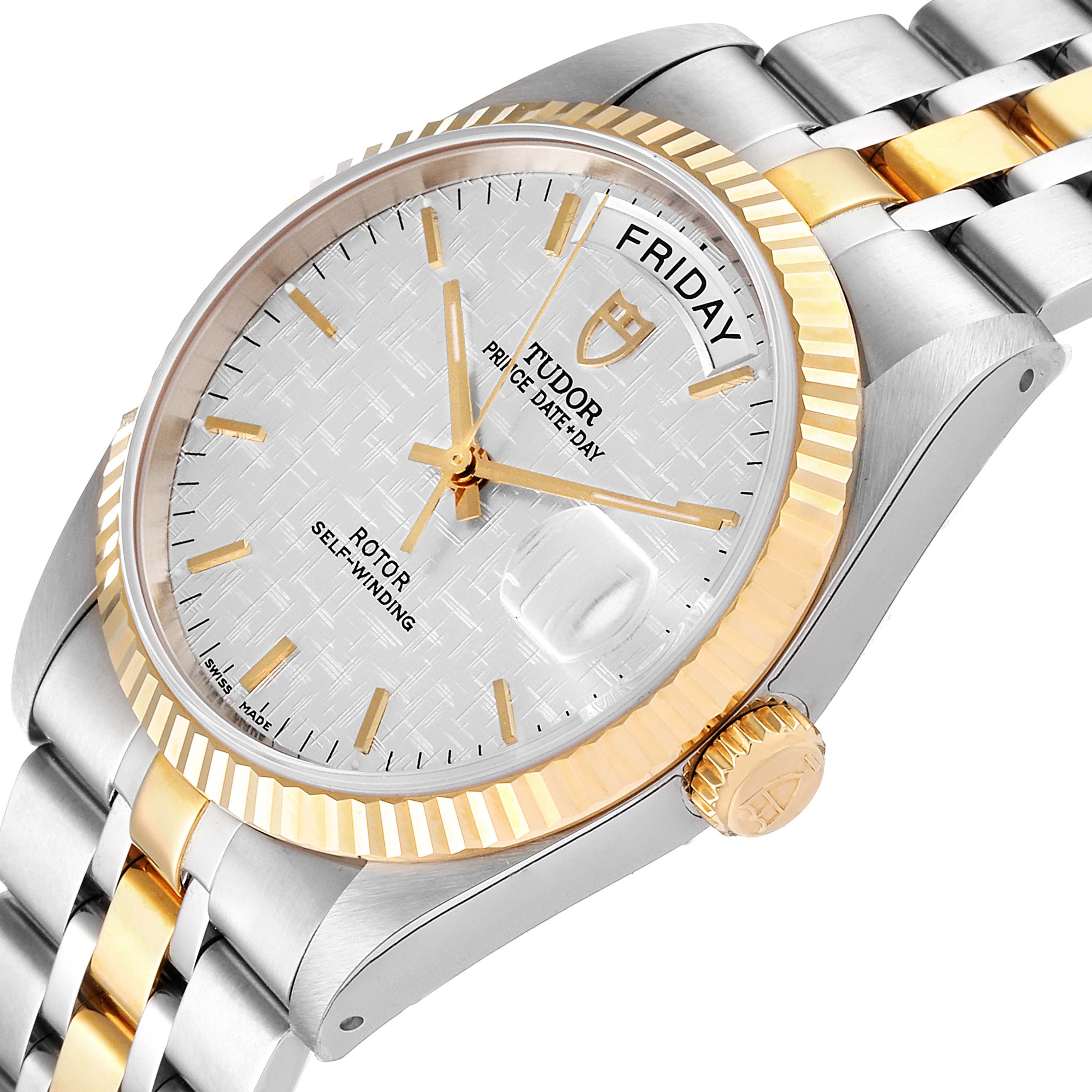 The image shows a Tudor Prince 76213 Men's Steel and Gold (two tone) Silver Dial 76213 Men's Steel and Gold (two tone) Silver Dial Date-Day watch, featuring its dial, bezel, crown, and part of its bracelet at an angled view.
