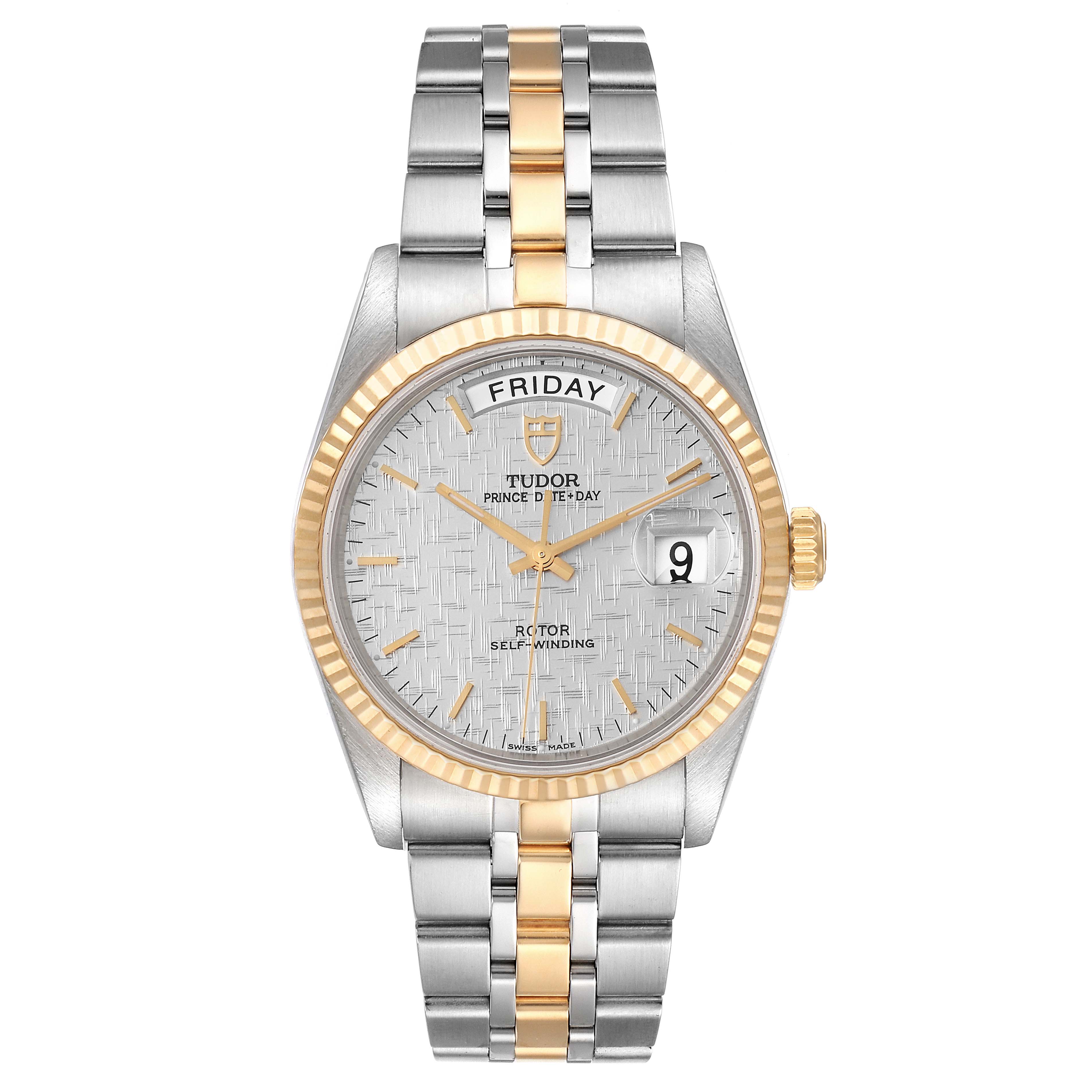 The image shows the front view of a Tudor Prince 76213 Men's Steel and Gold (two tone) Silver Dial 76213 Men's Steel and Gold (two tone) Silver Dial model watch, displaying the dial, bracelet, bezel, and day-date features.