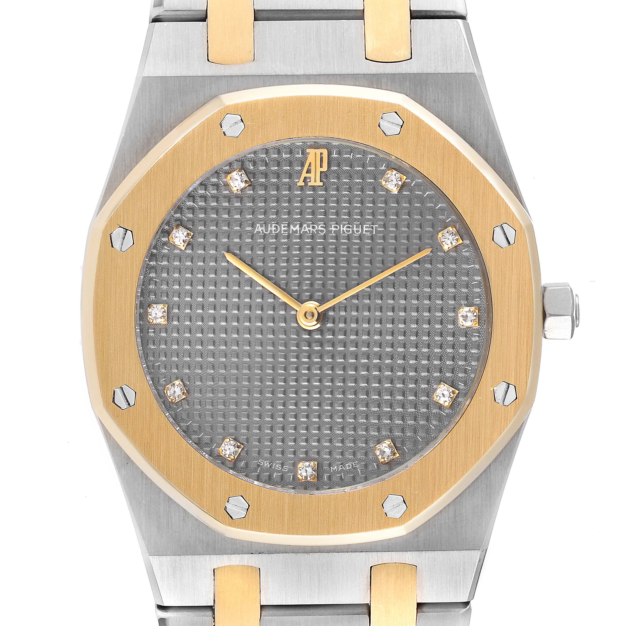 The Audemars Piguet Royal Oak 56303SA Men's Steel and Gold (two tone) Grey Dial 56303SA Men's Steel and Gold (two tone) Grey Dial watch is shown from the front, highlighting its octagonal bezel, gray dial, and gold hour markers.