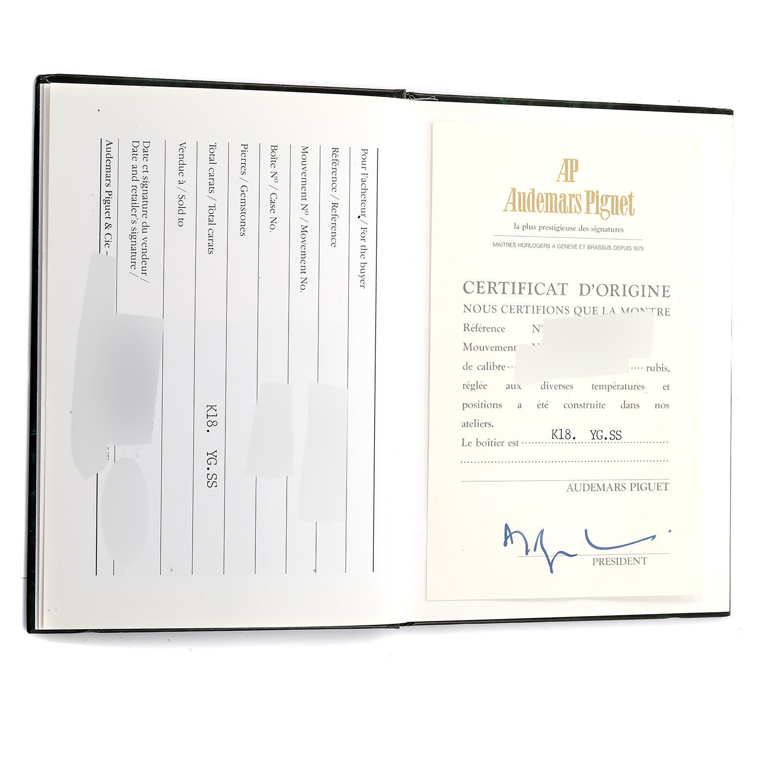 This image shows the certificate of origin and warranty booklet for the Audemars Piguet Royal Oak 56303SA Men's Steel and Gold (two tone) Grey Dial 56303SA Men's Steel and Gold (two tone) Grey Dial model.