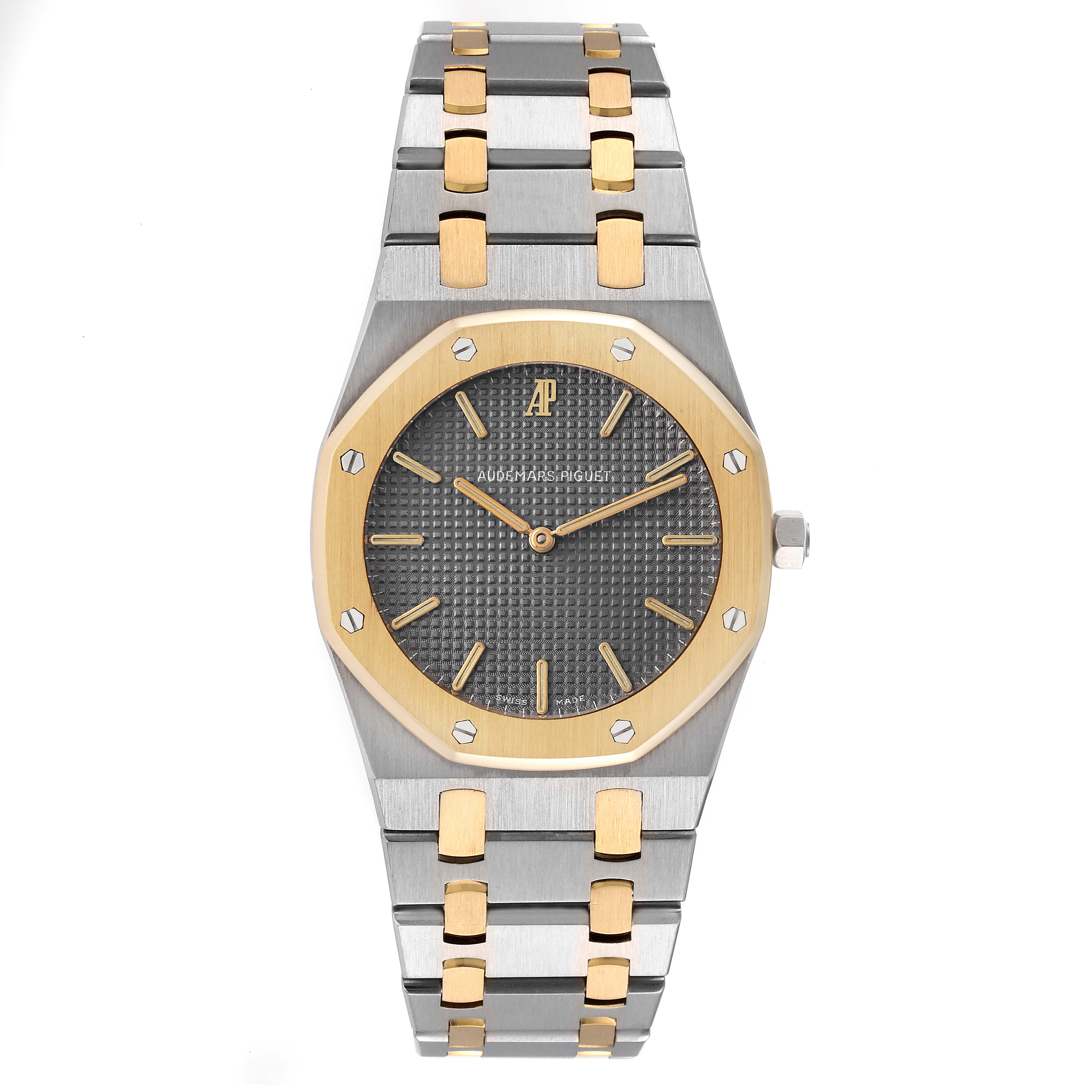 This image shows a front view of the Audemars Piguet Royal Oak 56303SA Men
s Steel and Gold (two tone) Grey Dial 56303SA Men
s Steel and Gold (two tone) Grey Dial watch, displaying its dial, bezel, and bracelet.